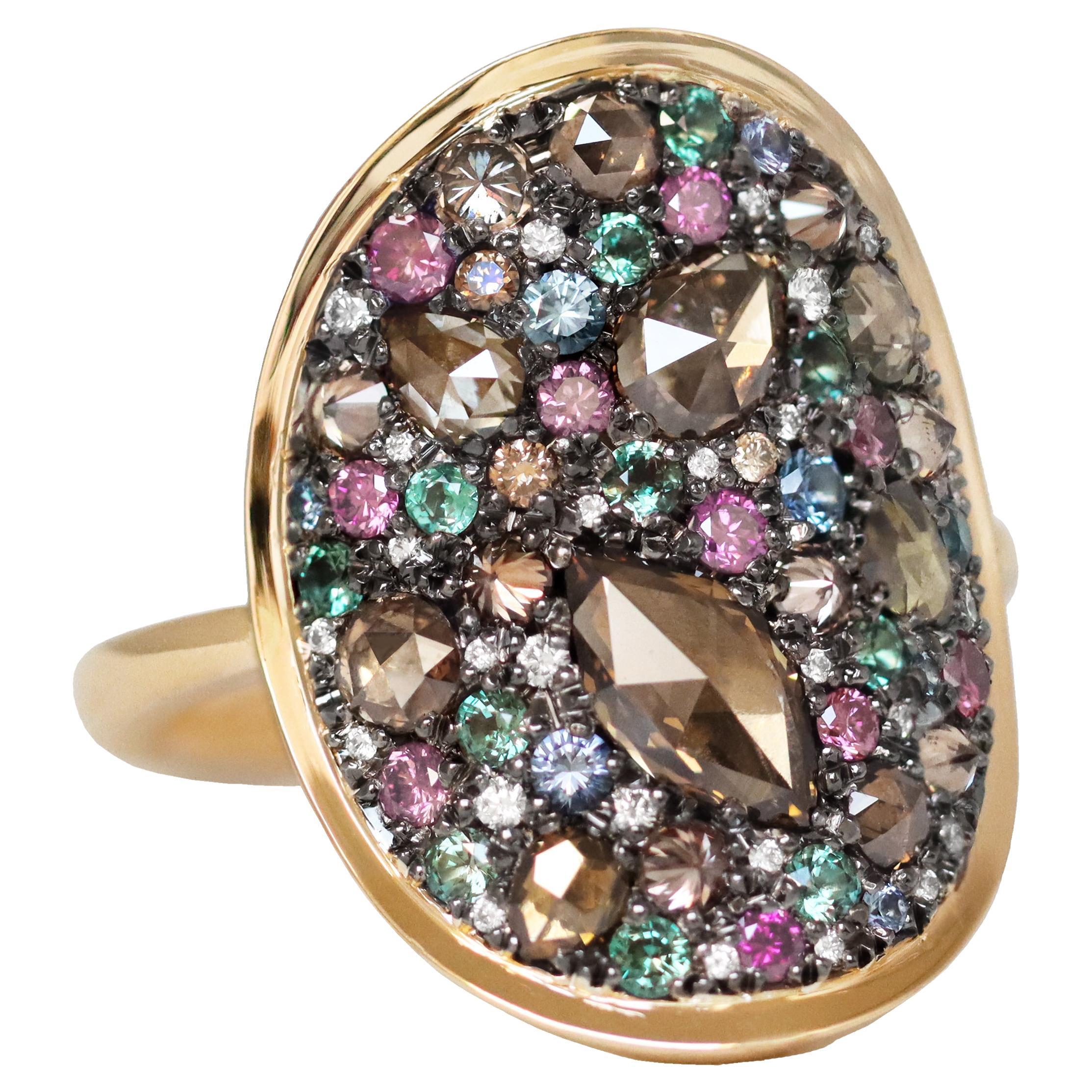 Colorchanging Alexandrite + Brown Diamond + Purple Diamond + Blue Sapphire Ring
