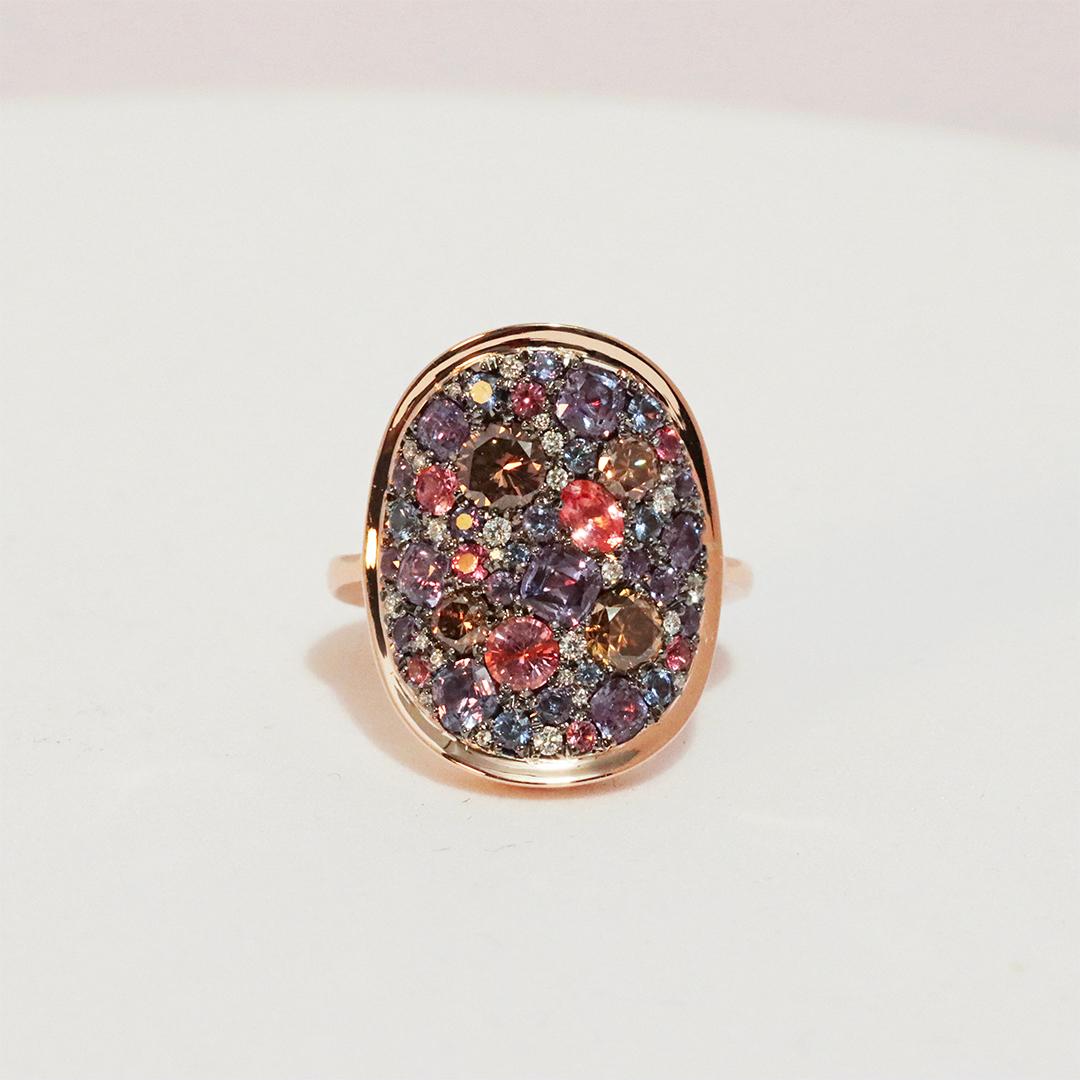 Women's Colorchanging Alexandrite Padparadscha sapphire Blue Sapphire Brown Diamond Ring
