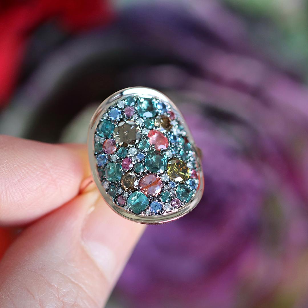 Mixed Cut Colorchanging Alexandrite Padparadscha sapphire Blue Sapphire Brown Diamond Ring