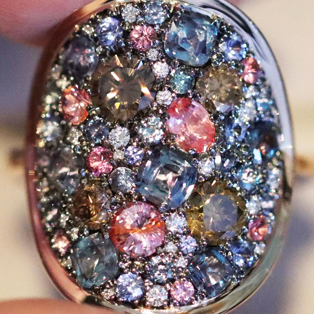 Contemporary Colorchanging Alexandrite Padparadscha sapphire Blue Sapphire Brown Diamond Ring