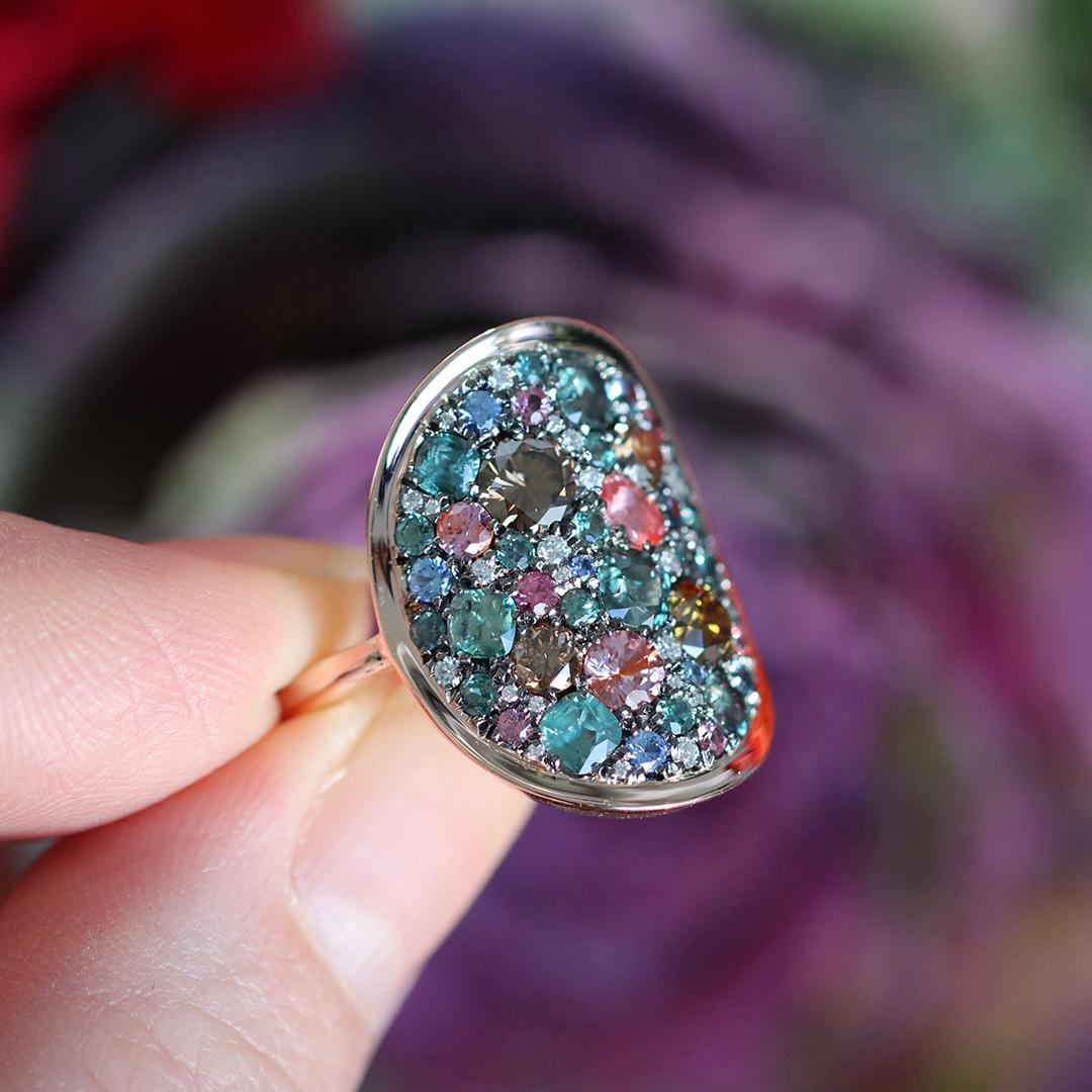Colorchanging Alexandrite Padparadscha sapphire Blue Sapphire Brown Diamond Ring In New Condition In Antwerp, BE