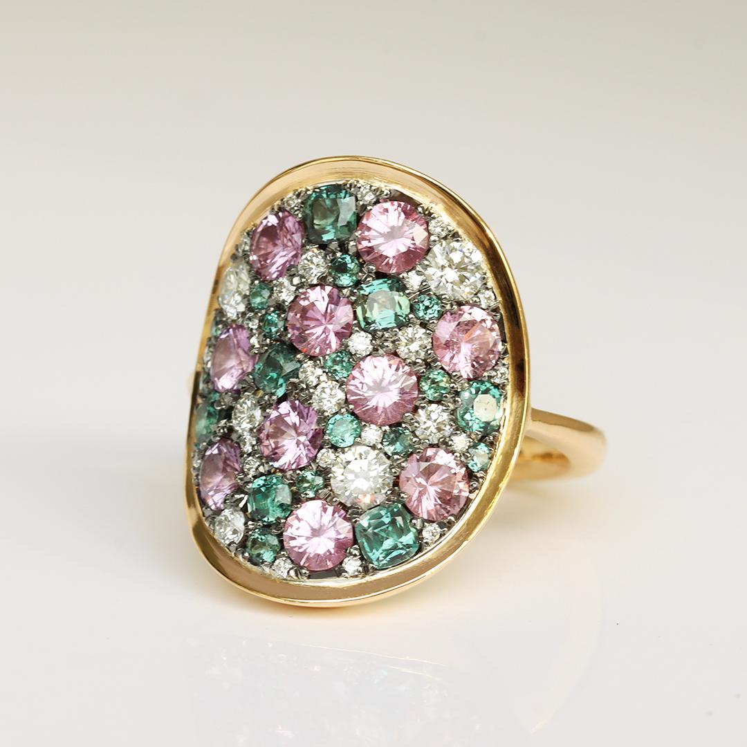 Colorchanging Alexandrite Unheated Purplish Pink sapphire Diamond Pave Ring 6