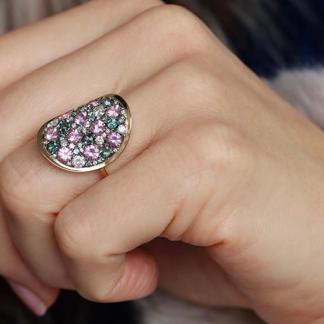 Colorchanging Alexandrite Unheated Purplish Pink sapphire Diamond Pave Ring 7