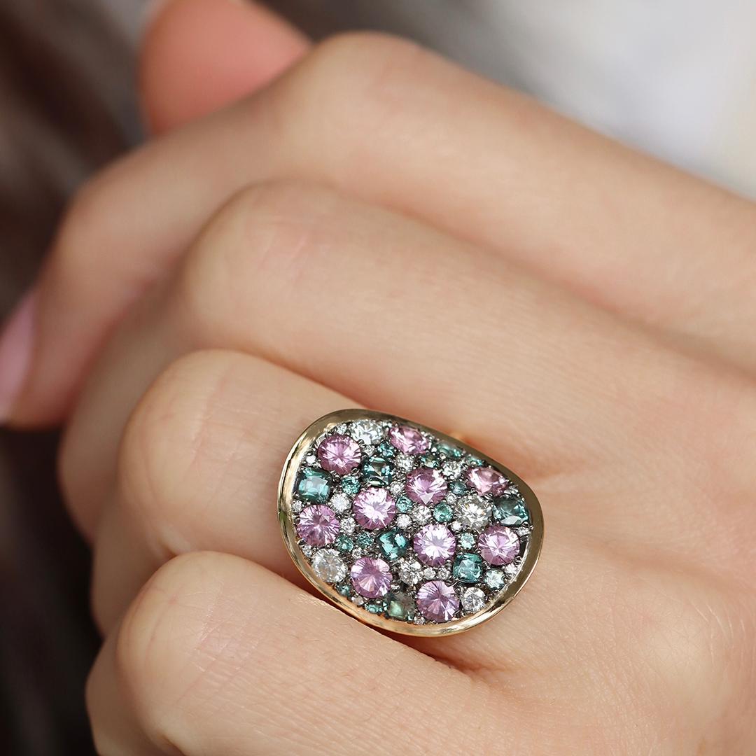 Colorchanging Alexandrite Unheated Purplish Pink sapphire Diamond Pave Ring 8