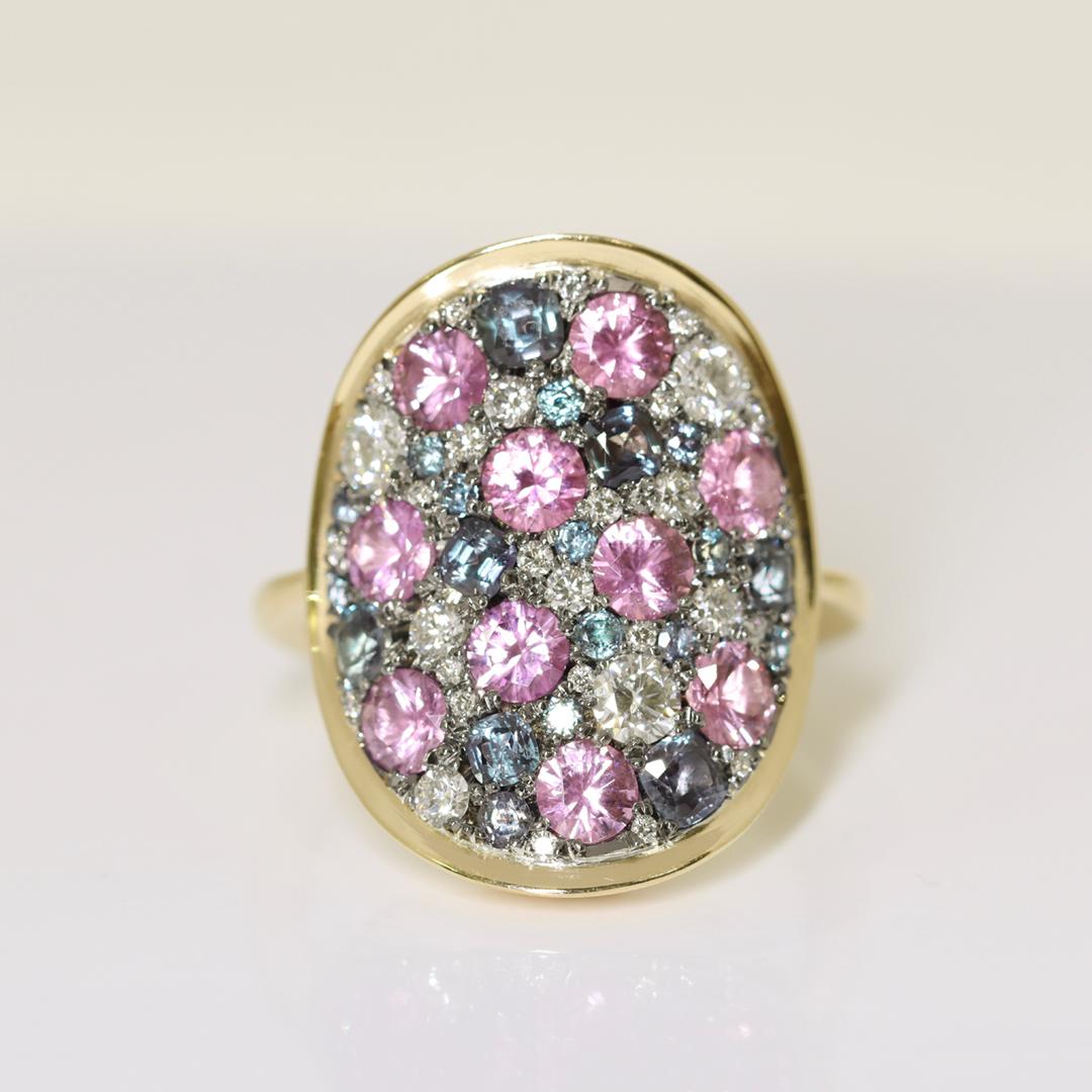 Mixed Cut Colorchanging Alexandrite Unheated Purplish Pink sapphire Diamond Pave Ring