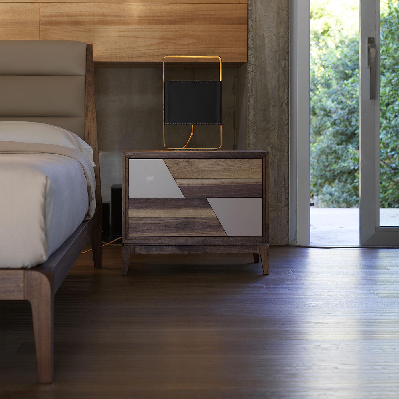 Colore Bedside Table by Dale Italia
Dimensions: D 42 x W 60 x H 50 cm.
Materials: Walnut.

The frame is made of walnut veneer blockboard with solid edging. Available in two different sizes and two finishes: natural and grey walnut. Prices may vary.