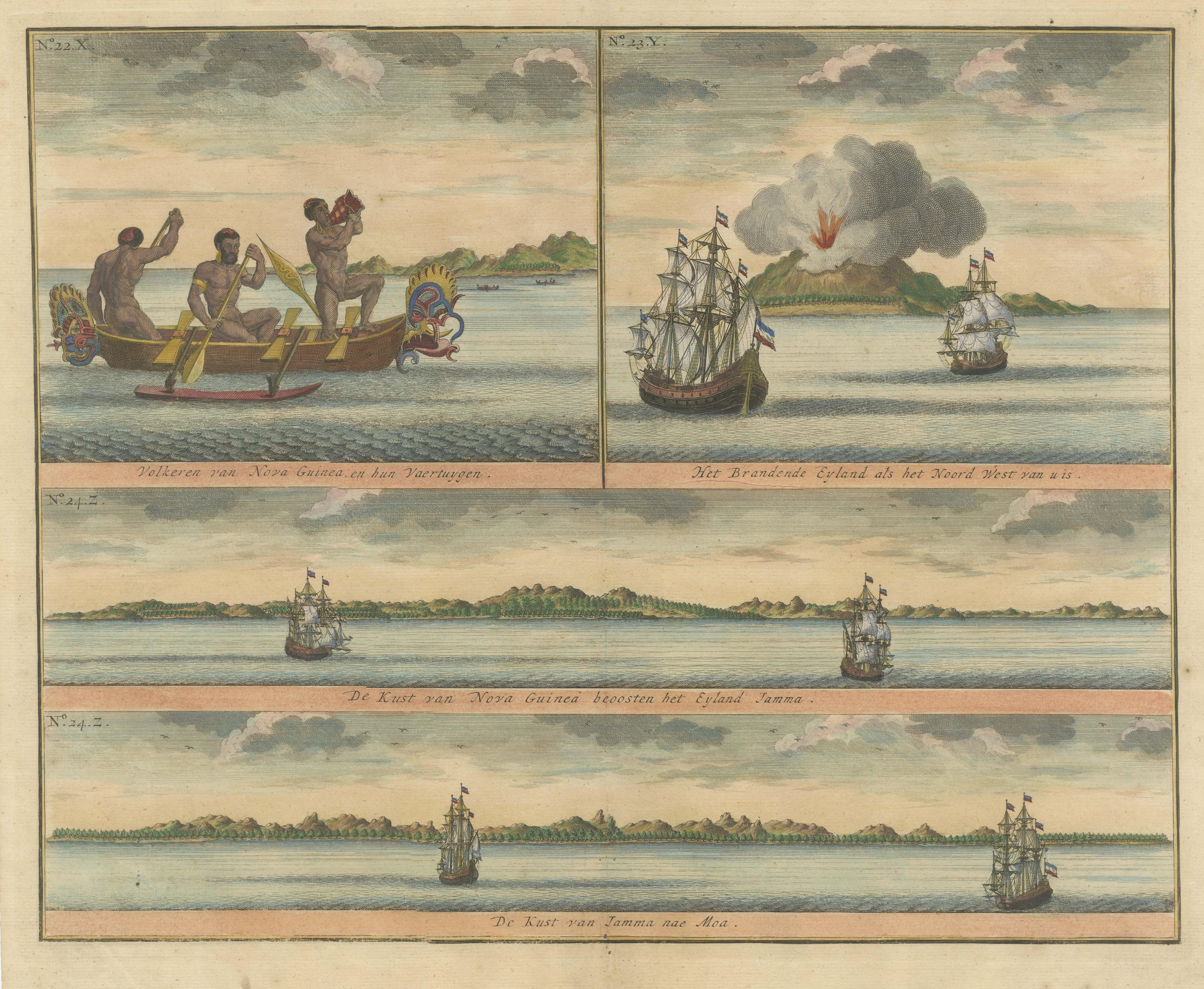 Colored Antique Print of New Guinea Fishermen and views of New Guinea In Good Condition For Sale In Langweer, NL