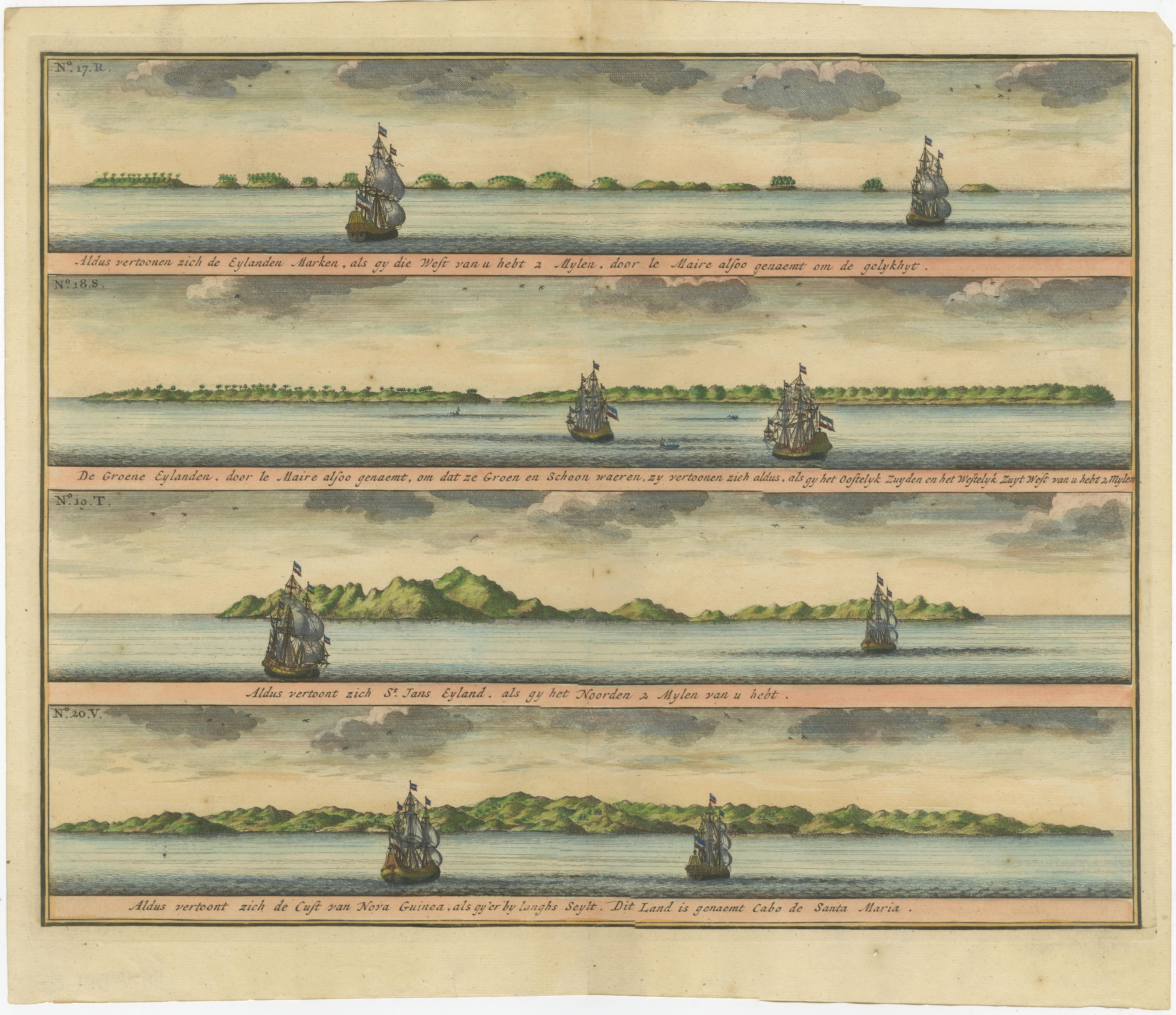 Antique print titled 'De Kust van Nova Guinea tot aan deze bogt (..)'. Four engravings on one sheet showing panoramic views of the islands of Marken, the Groene islands, Sint Jans island and New Ireland, on the same latitude as Cabo de Santa Maria.