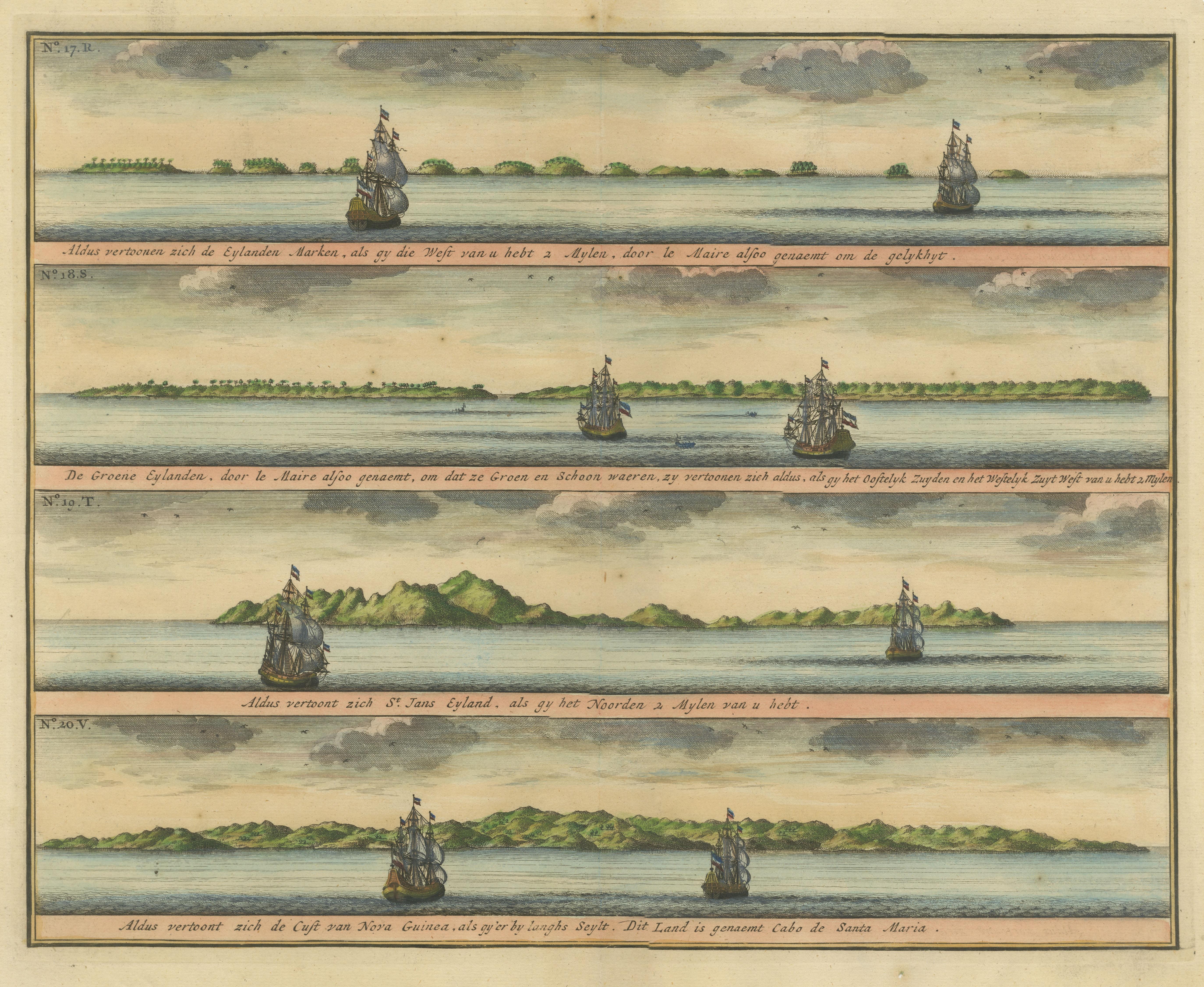 Colored Antique Print of the Islands of Marken, New Ireland and Other Islands In Good Condition For Sale In Langweer, NL