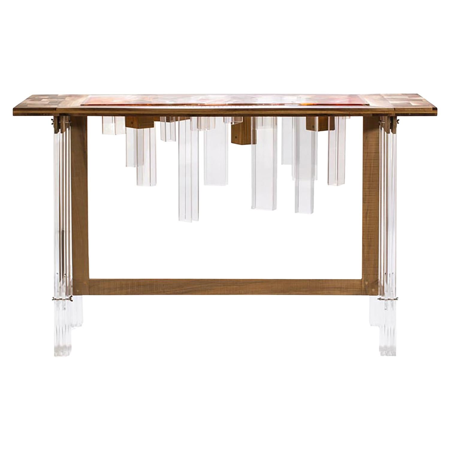 Colored Blooming Skyline Wood and Plexiglass Console For Sale