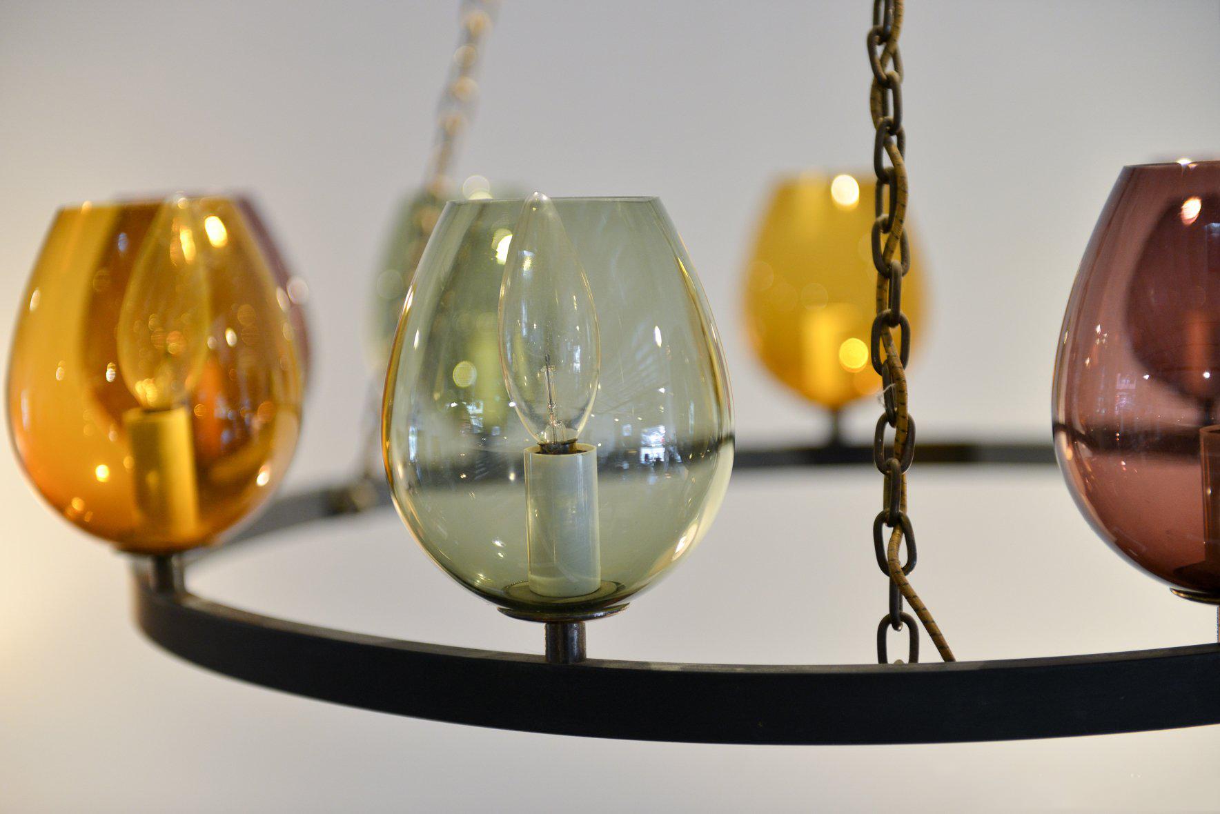 Colored Blown Glass and Round Metal Chandelier, circa 1970 In Good Condition In Costa Mesa, CA