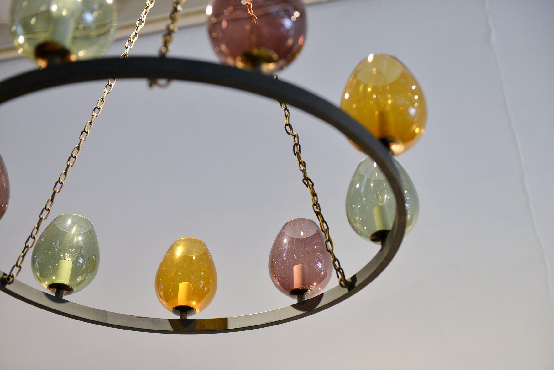 Colored Blown Glass and Round Metal Chandelier, circa 1970 1