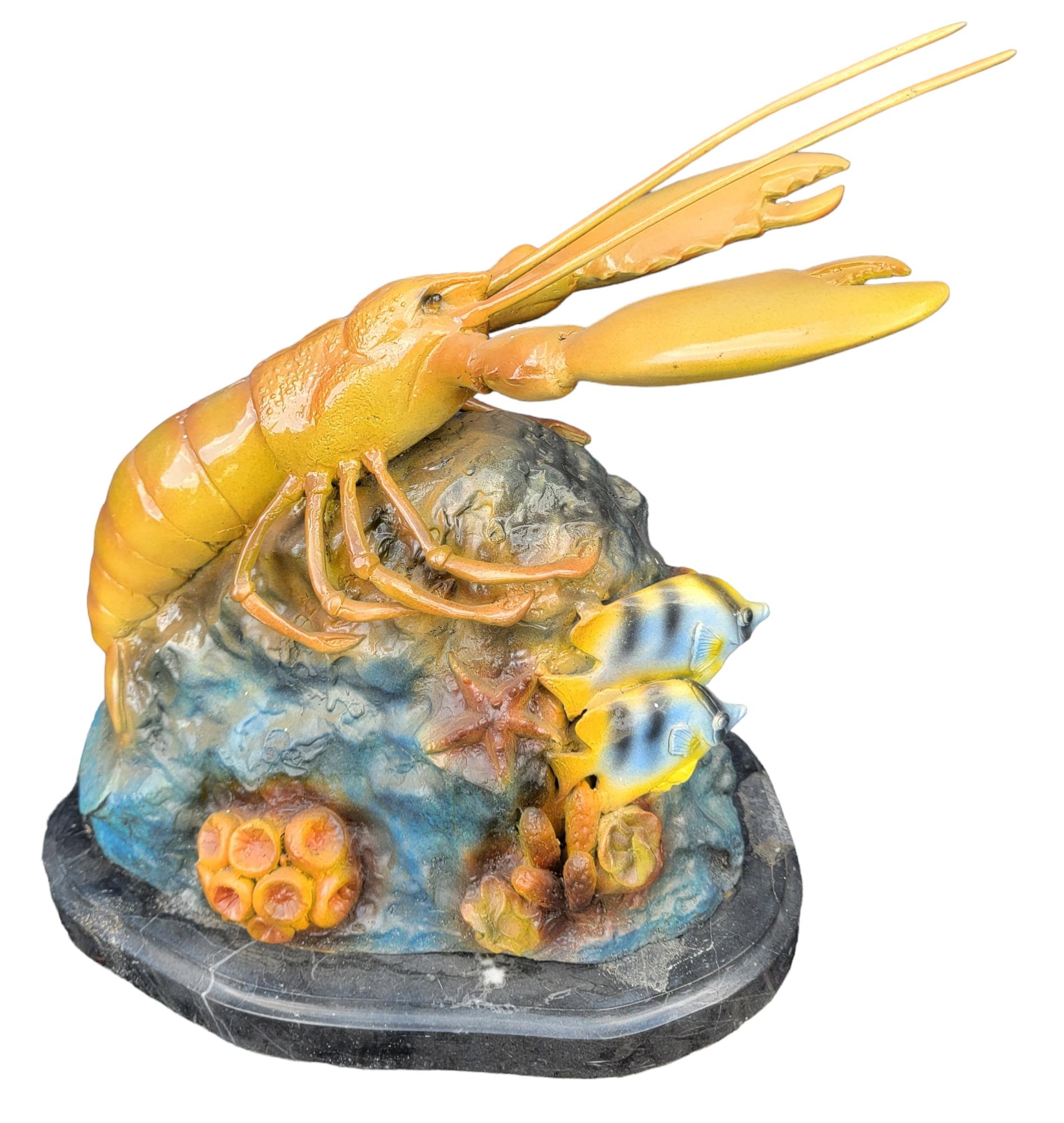 Painted Colored Bronze Patinaed Lobster Over Coral Base Statue For Sale