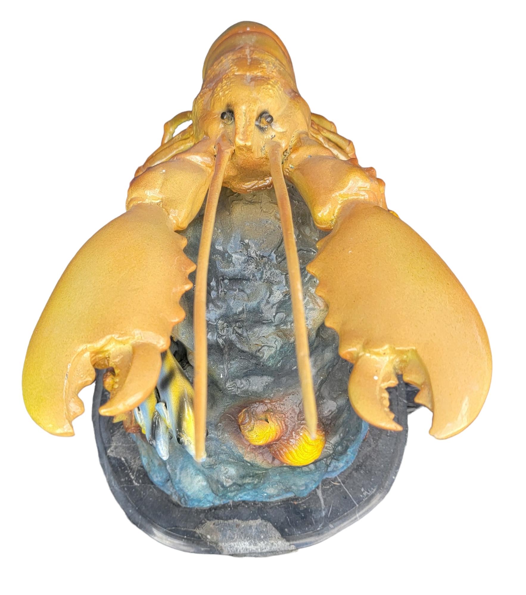 Mid-20th Century Colored Bronze Patinaed Lobster Over Coral Base Statue For Sale