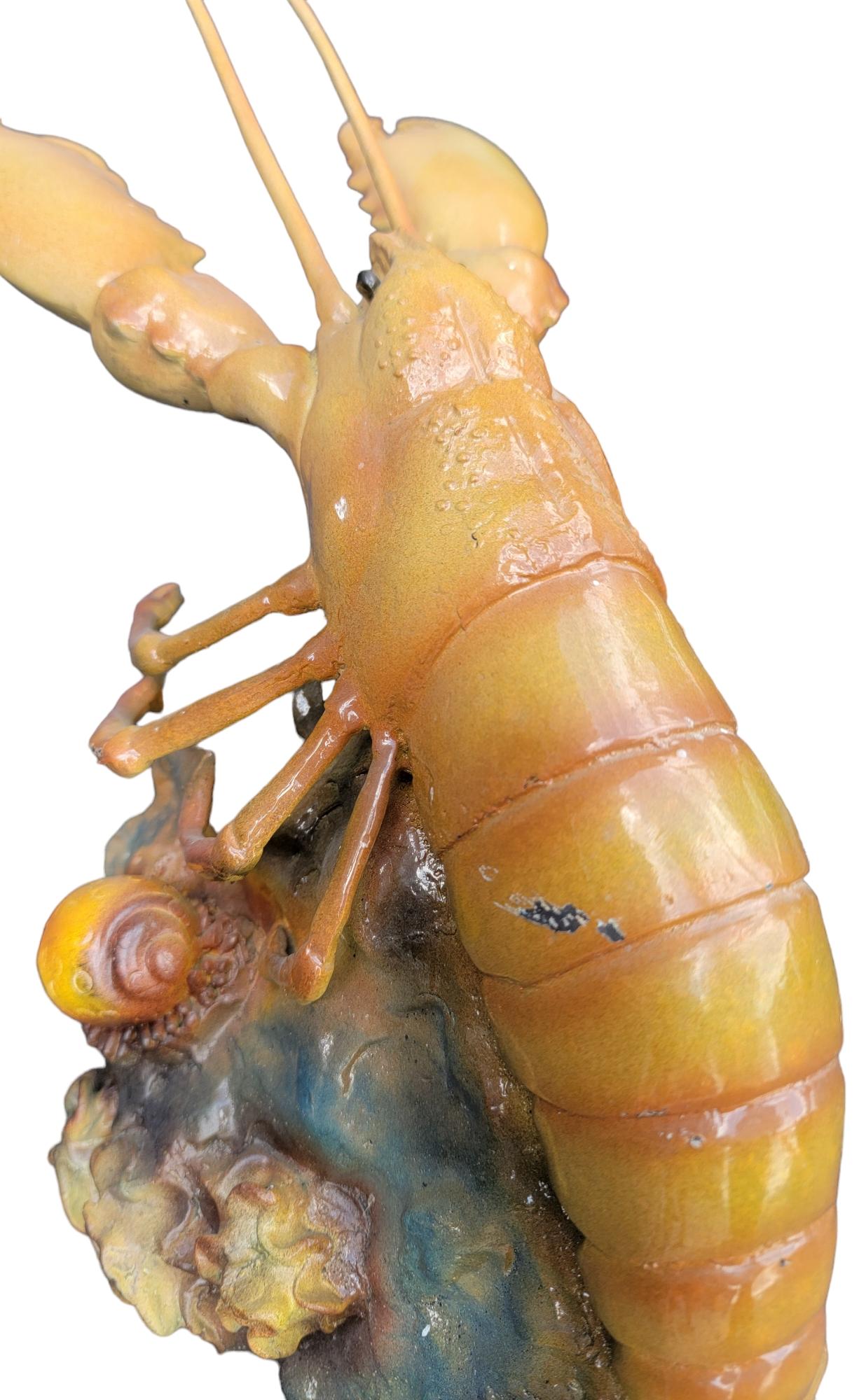 Colored Bronze Patinaed Lobster Over Coral Base Statue For Sale 1