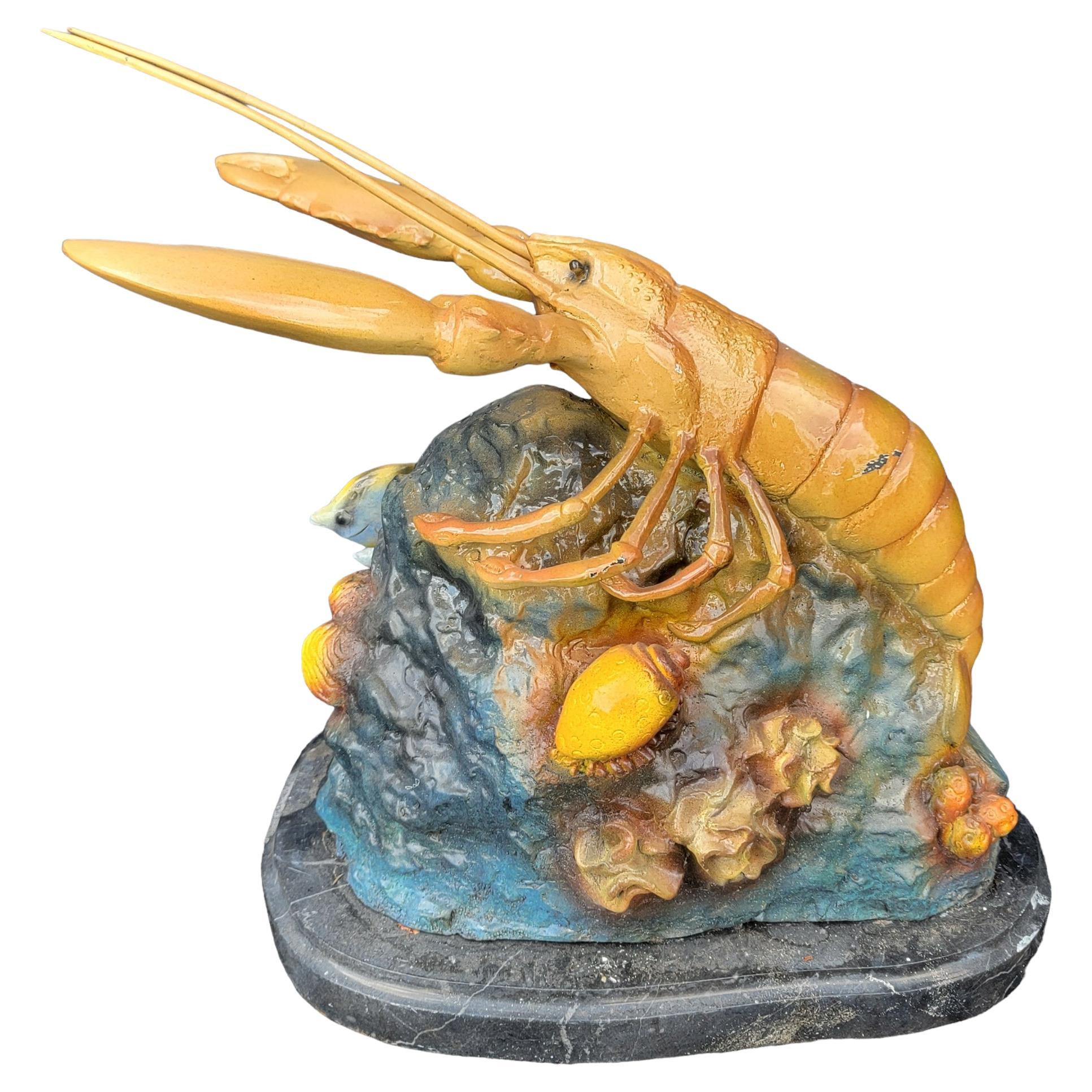 Colored Bronze Patinaed Lobster Over Coral Base Statue