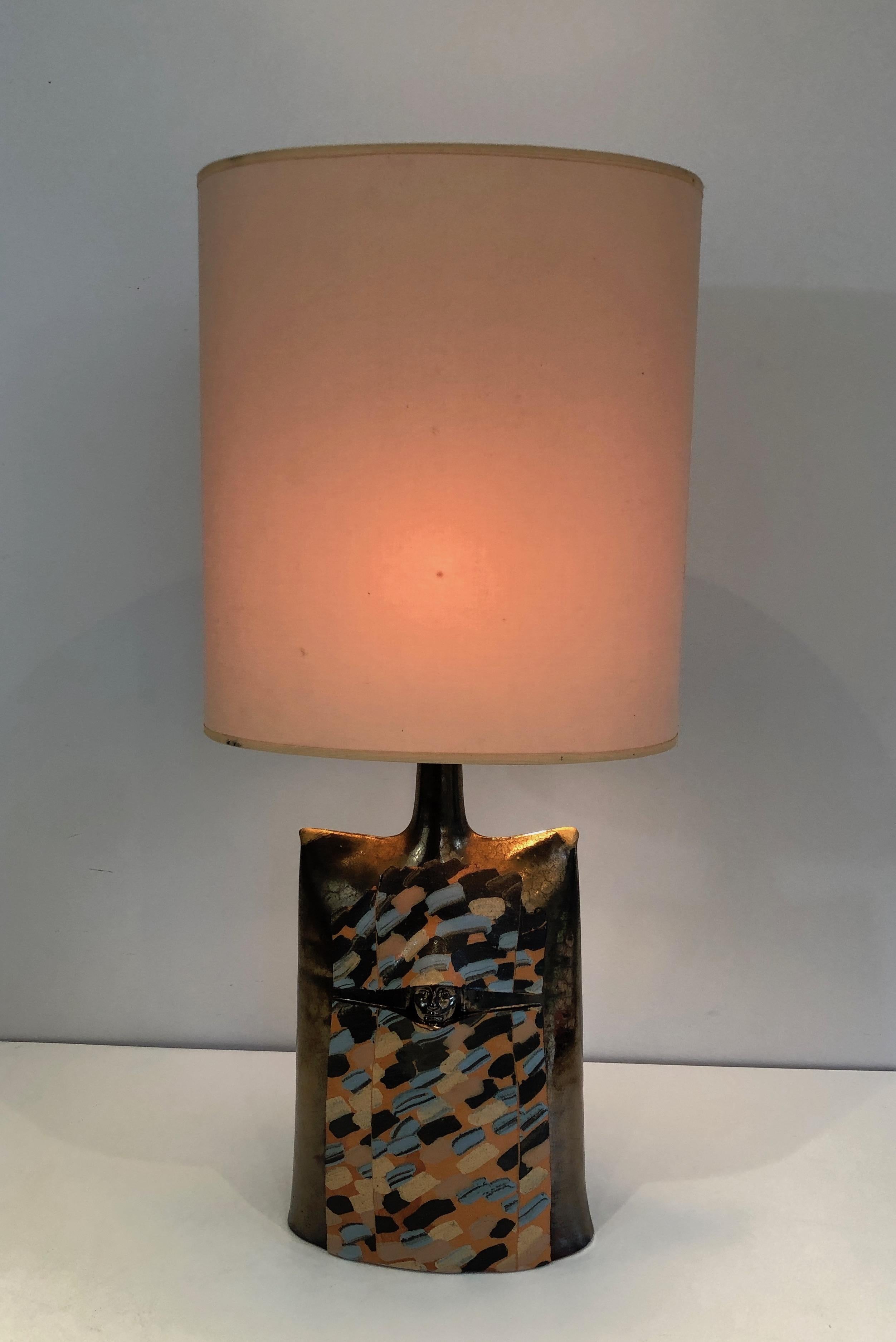 Colored Ceramic Table Lamp with a Face in Relief, This is a French Work, Circa 1 6