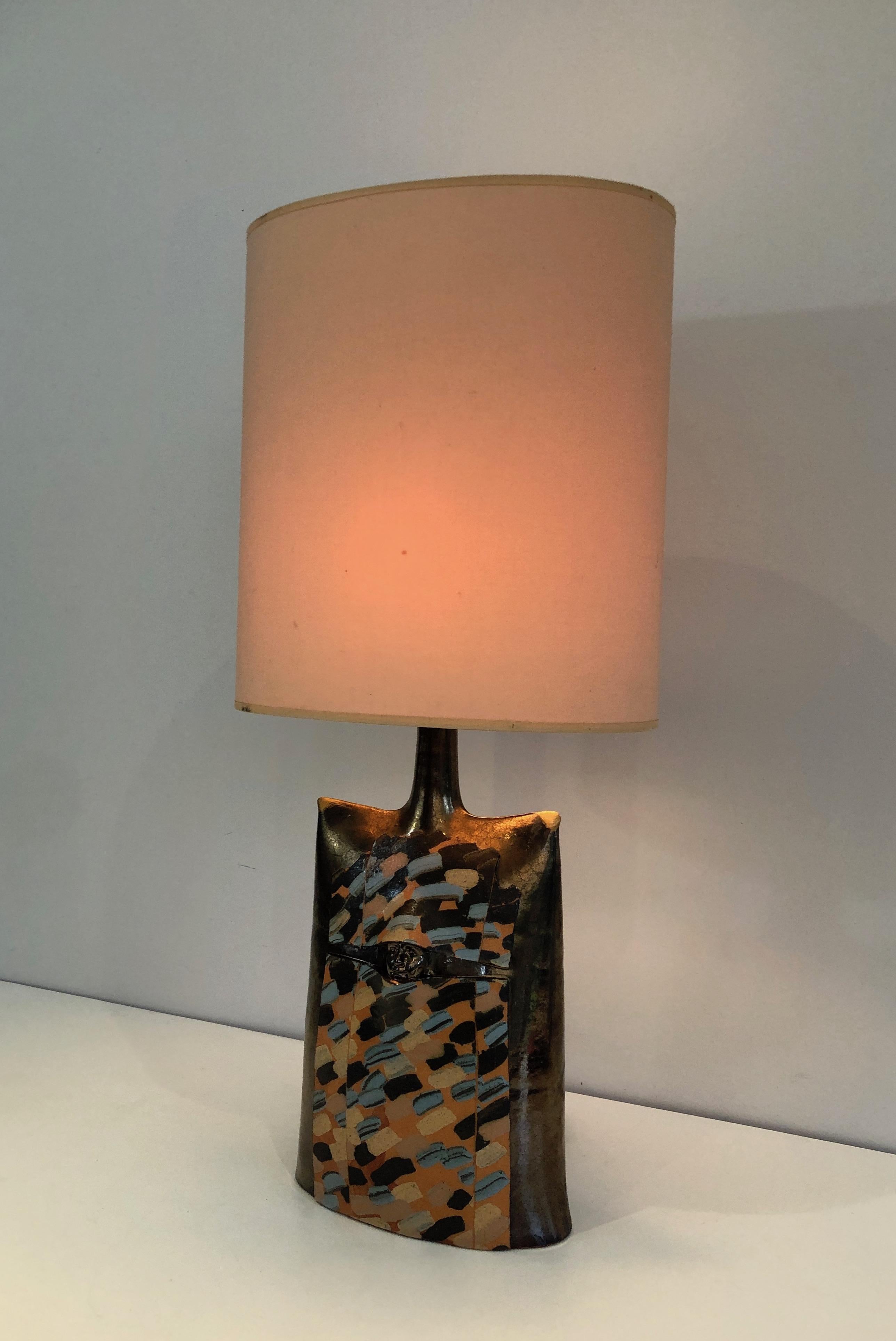 Colored Ceramic Table Lamp with a Face in Relief, This is a French Work, Circa 1 7