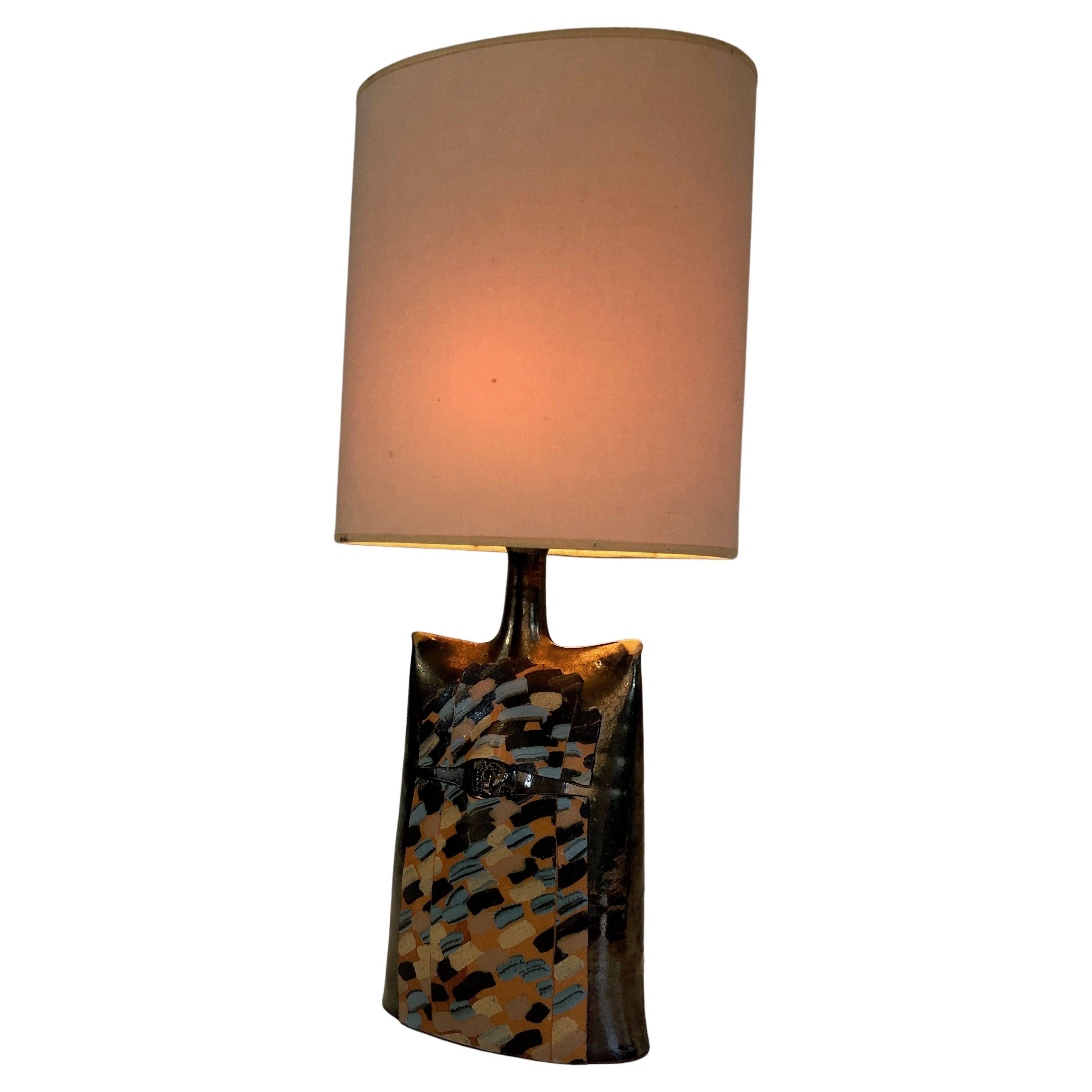 Colored Ceramic Table Lamp with a Face in Relief, This is a French Work, Circa 1