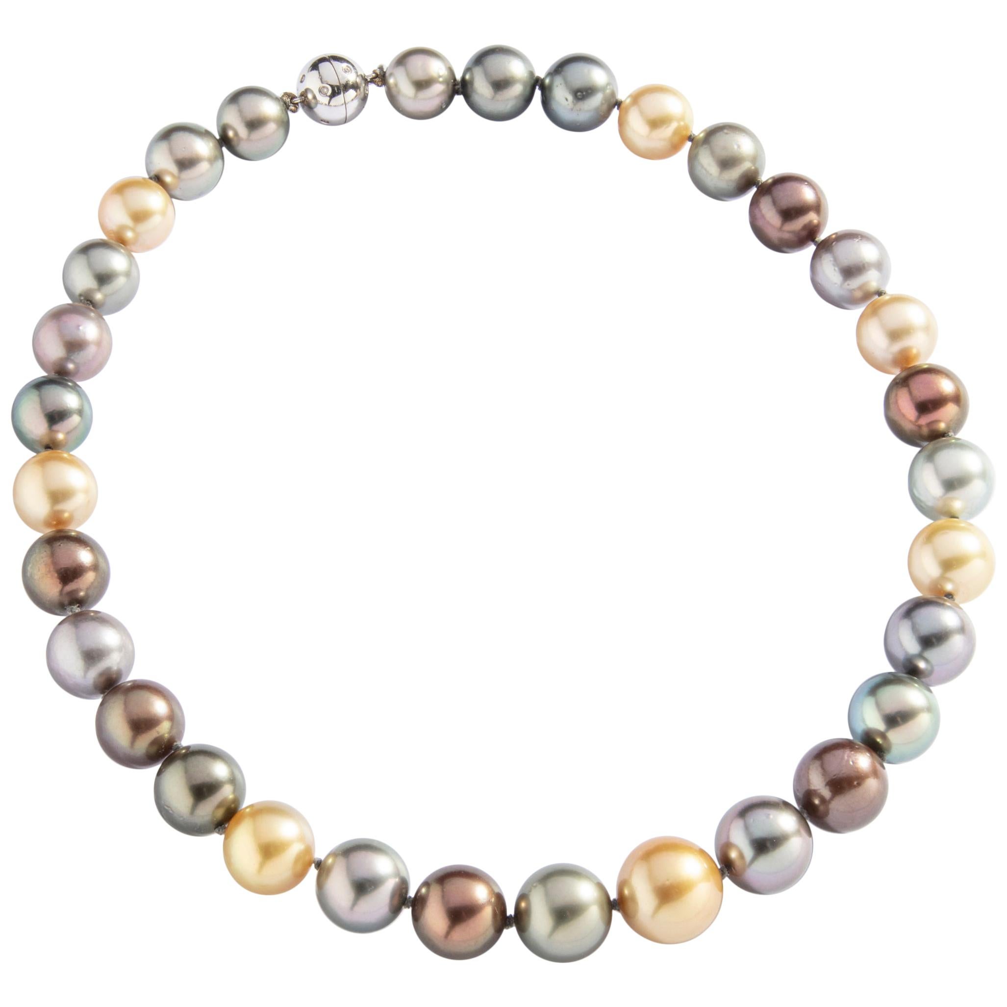 Colored Cultured Pearl White Gold and Diamond clasp Necklace