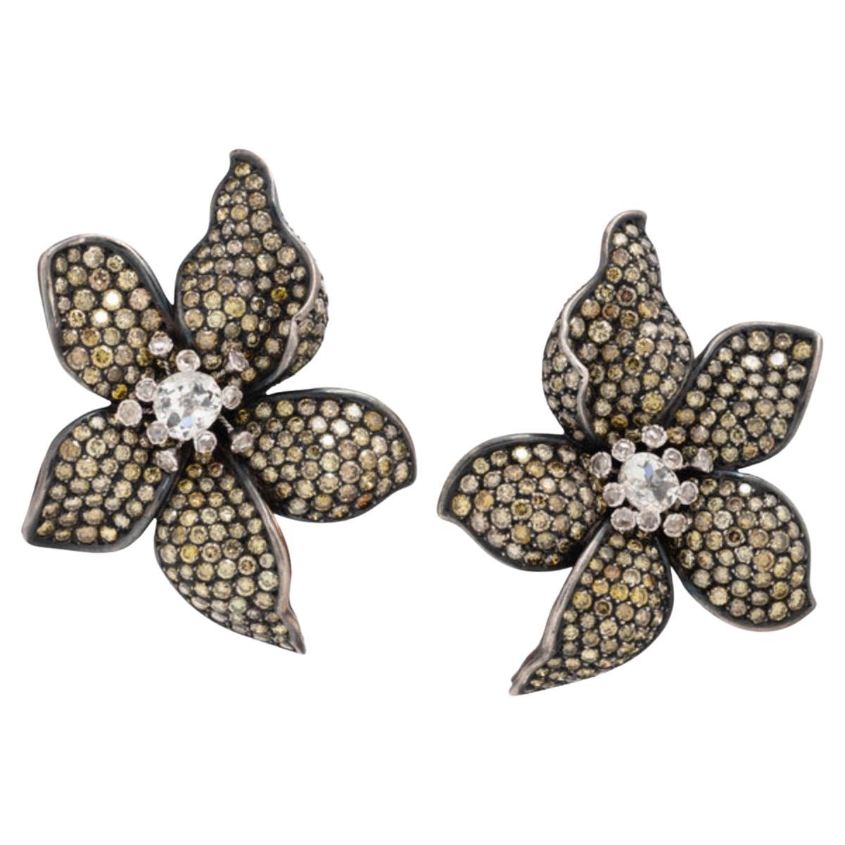 Colored Diamond and Diamond Flower Earrings For Sale