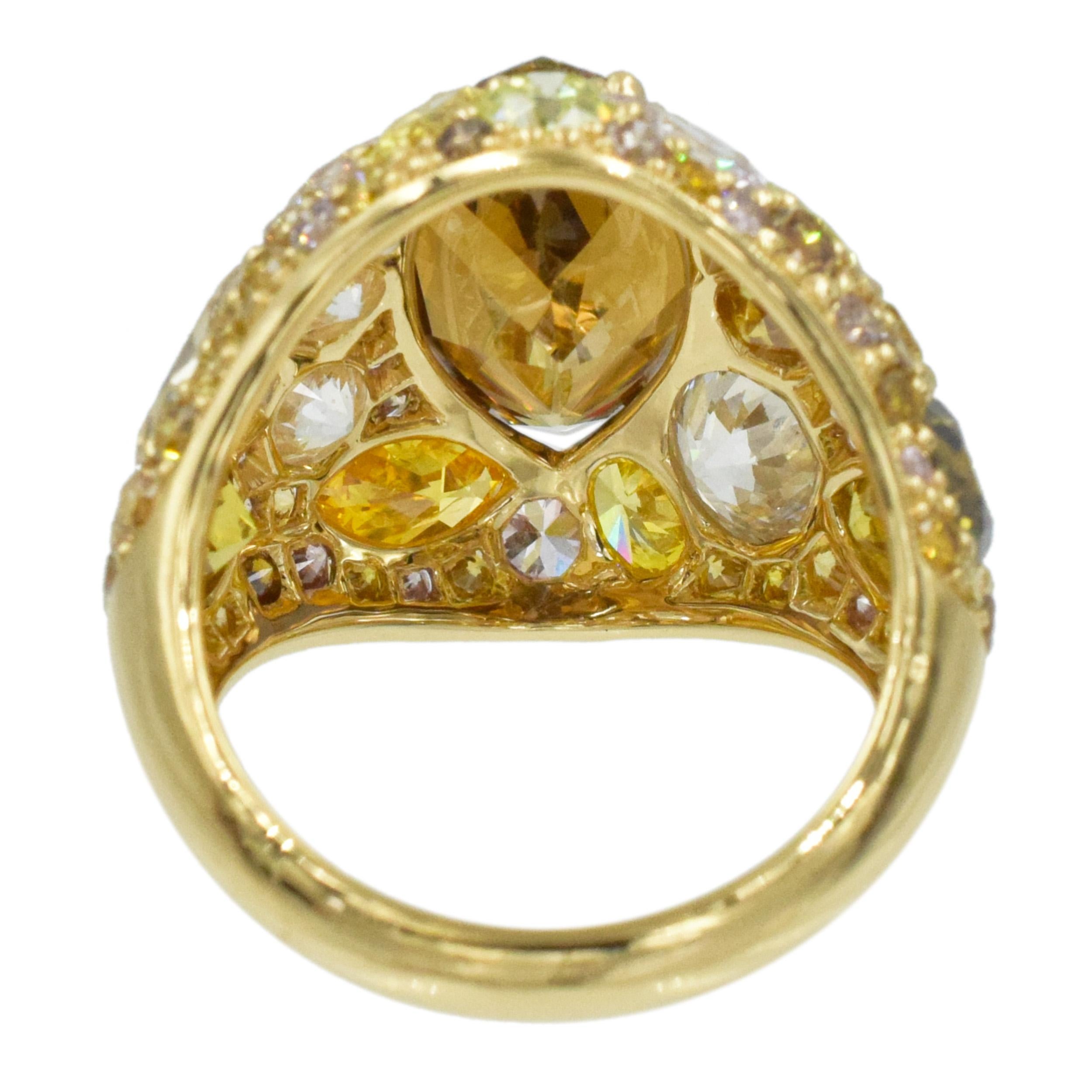 Marquise Cut Colored Diamond and Yellow Gold Ring For Sale