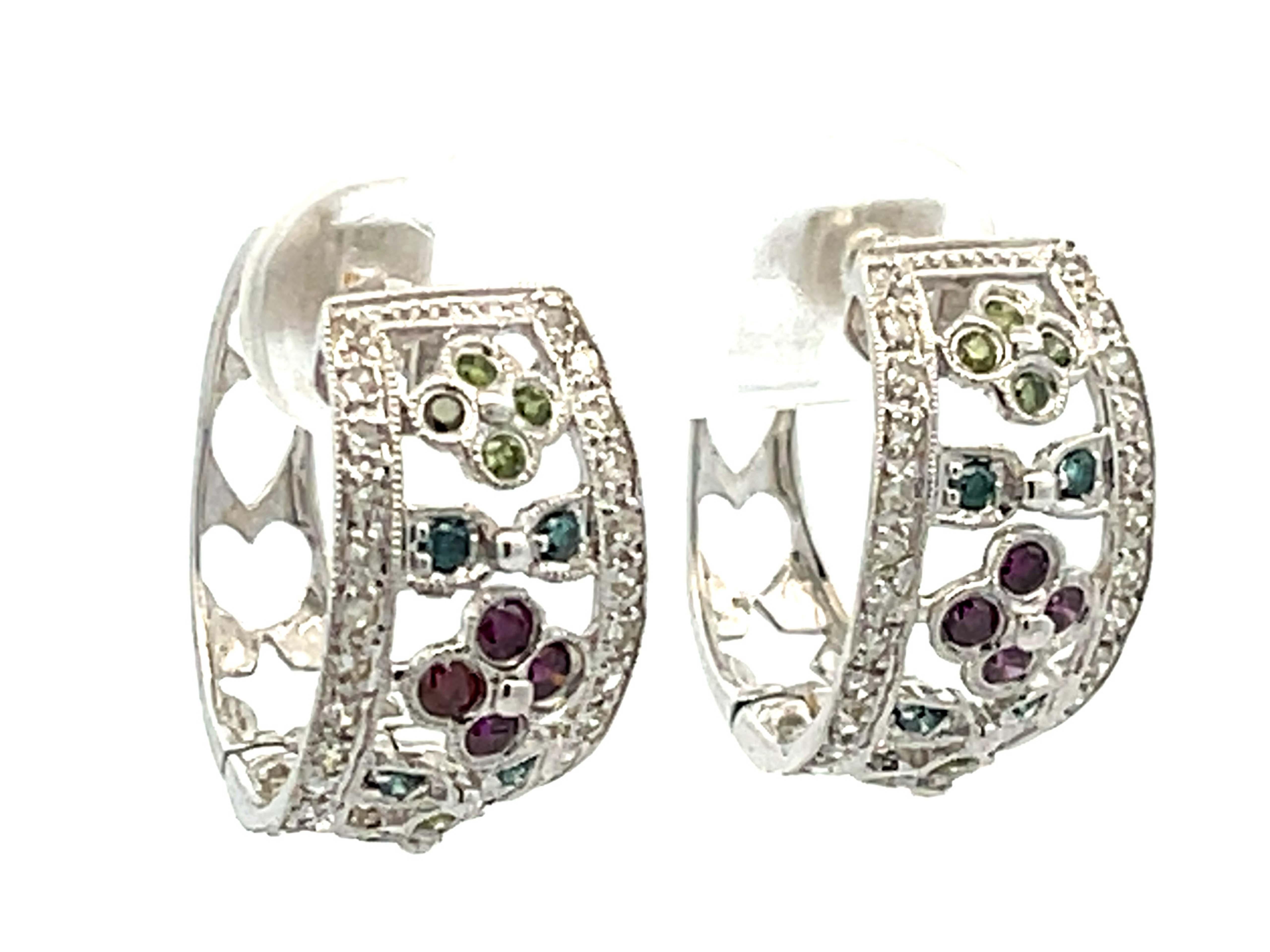 Modern Colored Diamond Hoop Earrings in 14K White Gold For Sale