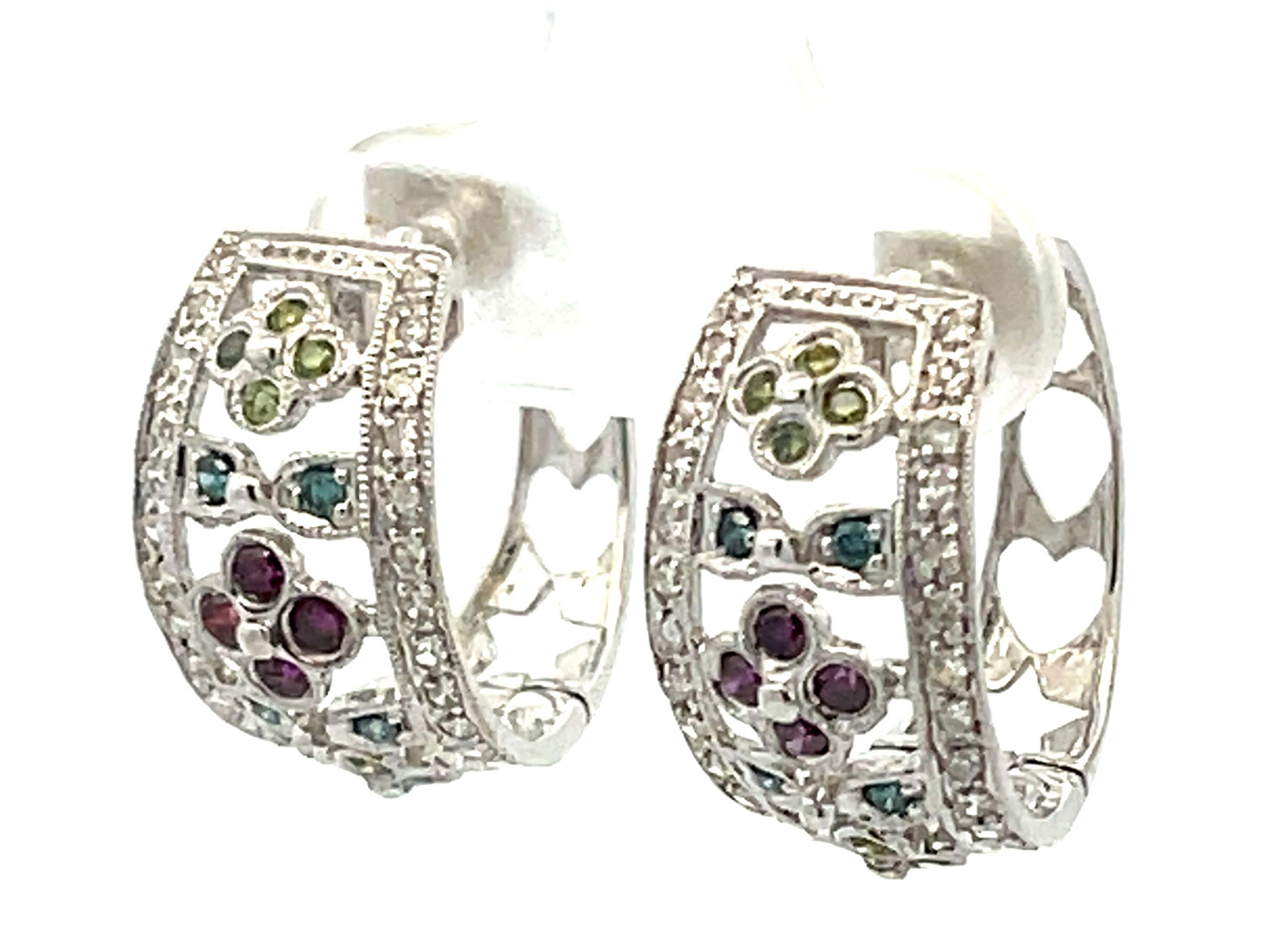 Brilliant Cut Colored Diamond Hoop Earrings in 14K White Gold For Sale