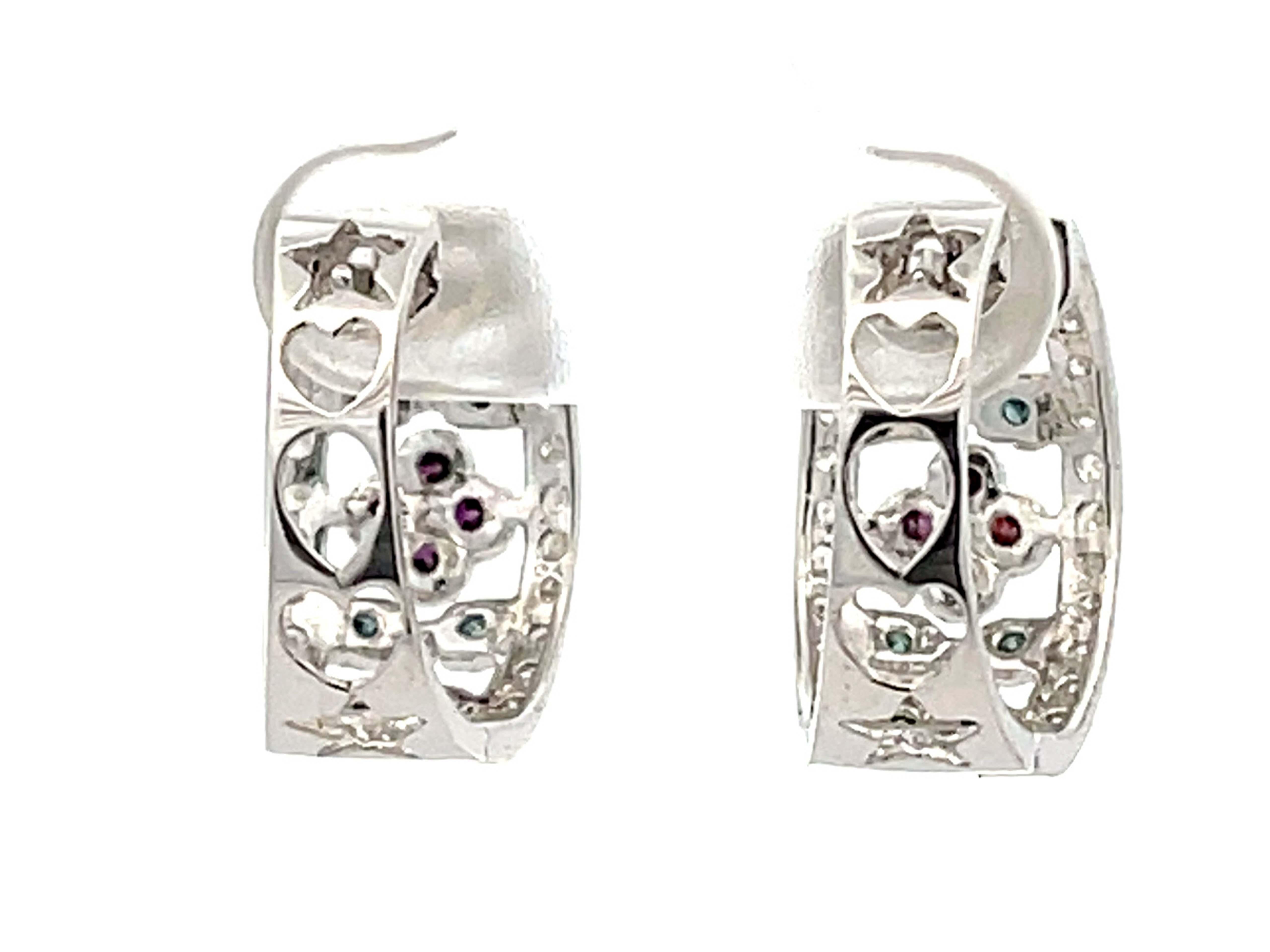 Colored Diamond Hoop Earrings in 14K White Gold For Sale 1