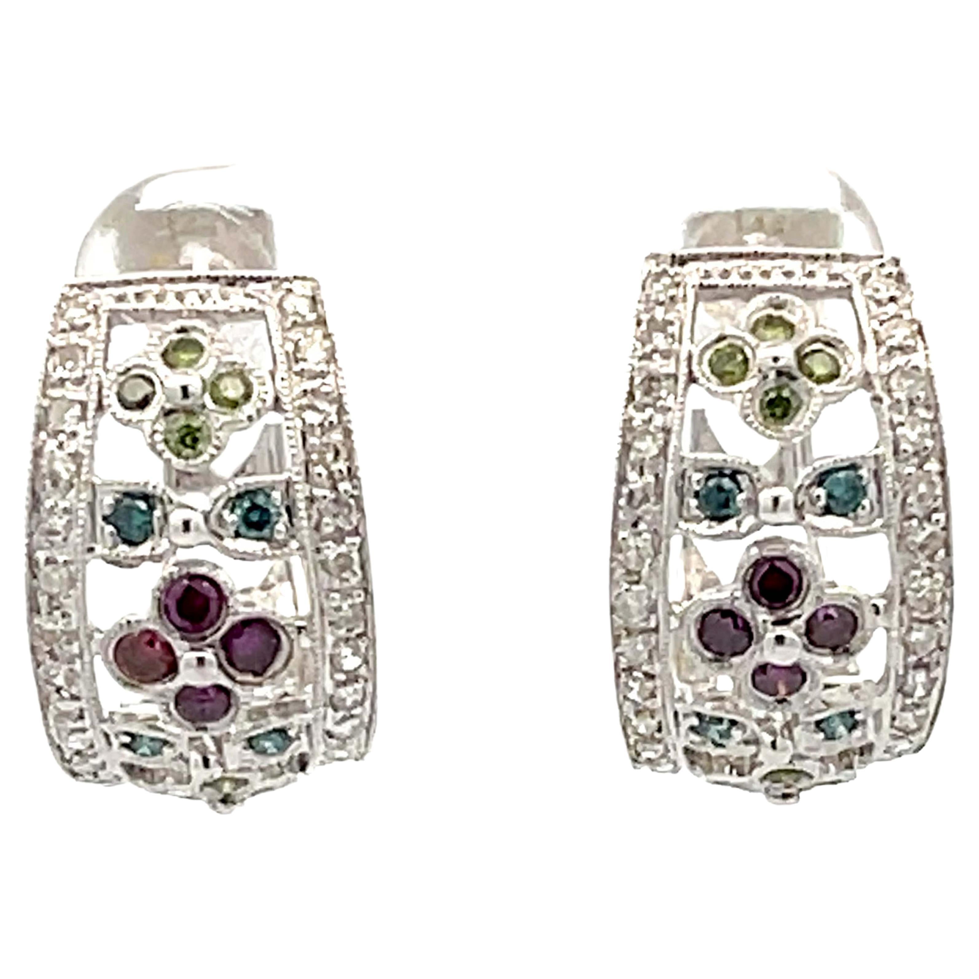 Colored Diamond Hoop Earrings in 14K White Gold For Sale