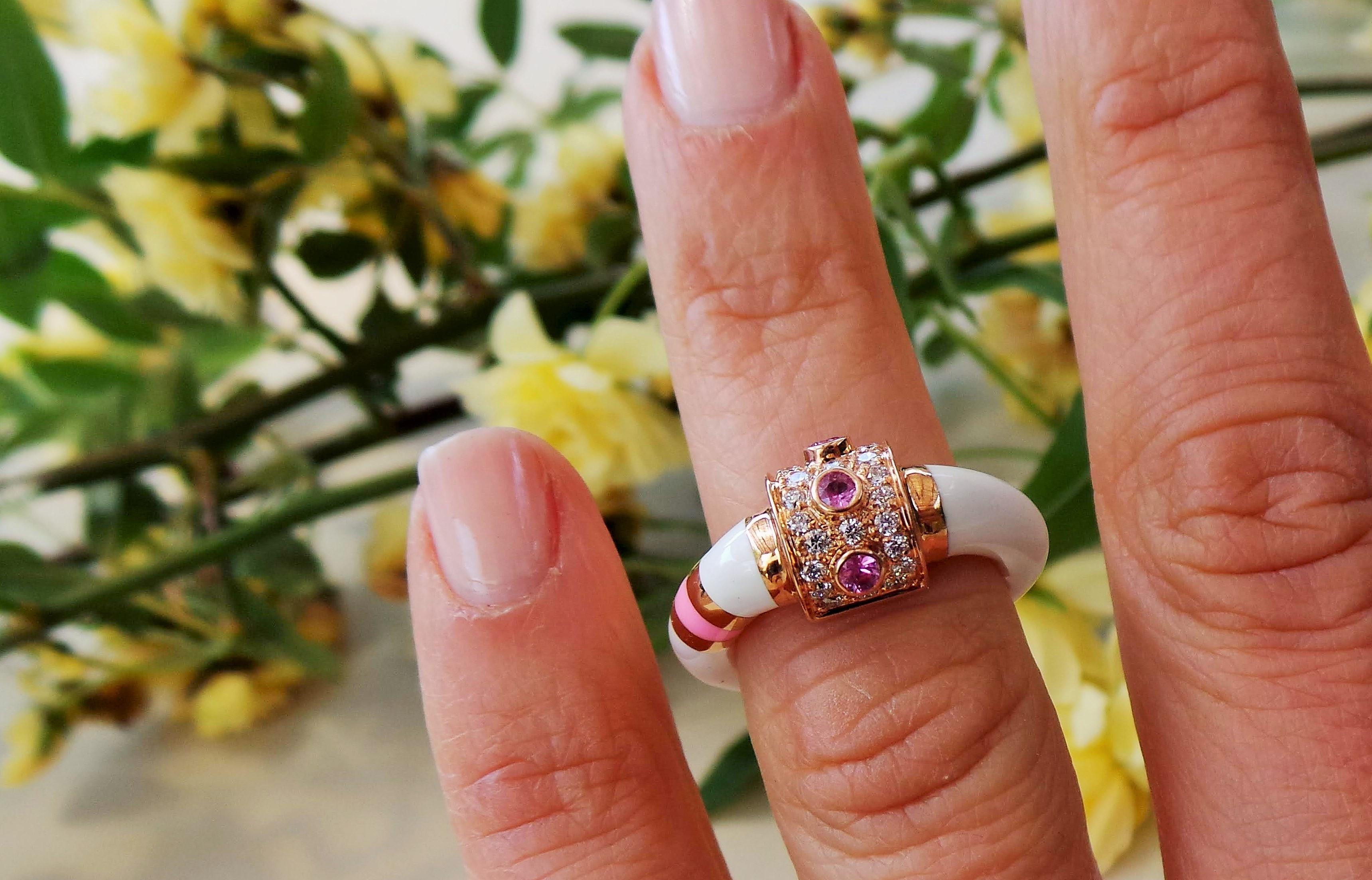 Brilliant Cut Colored Enamelled Rose Gold Diamond 0.19K and Pink Sapphire 0.10K Cockatail Ring For Sale