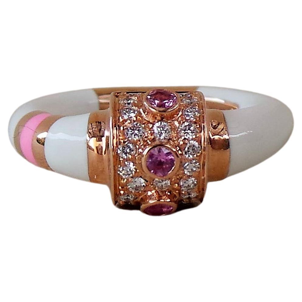 Colored Enamelled Rose Gold Diamond 0.19K and Pink Sapphire 0.10K Cockatail Ring