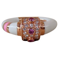Vintage Colored Enamelled Rose Gold Diamond 0.19K and Pink Sapphire 0.10K Cockatail Ring