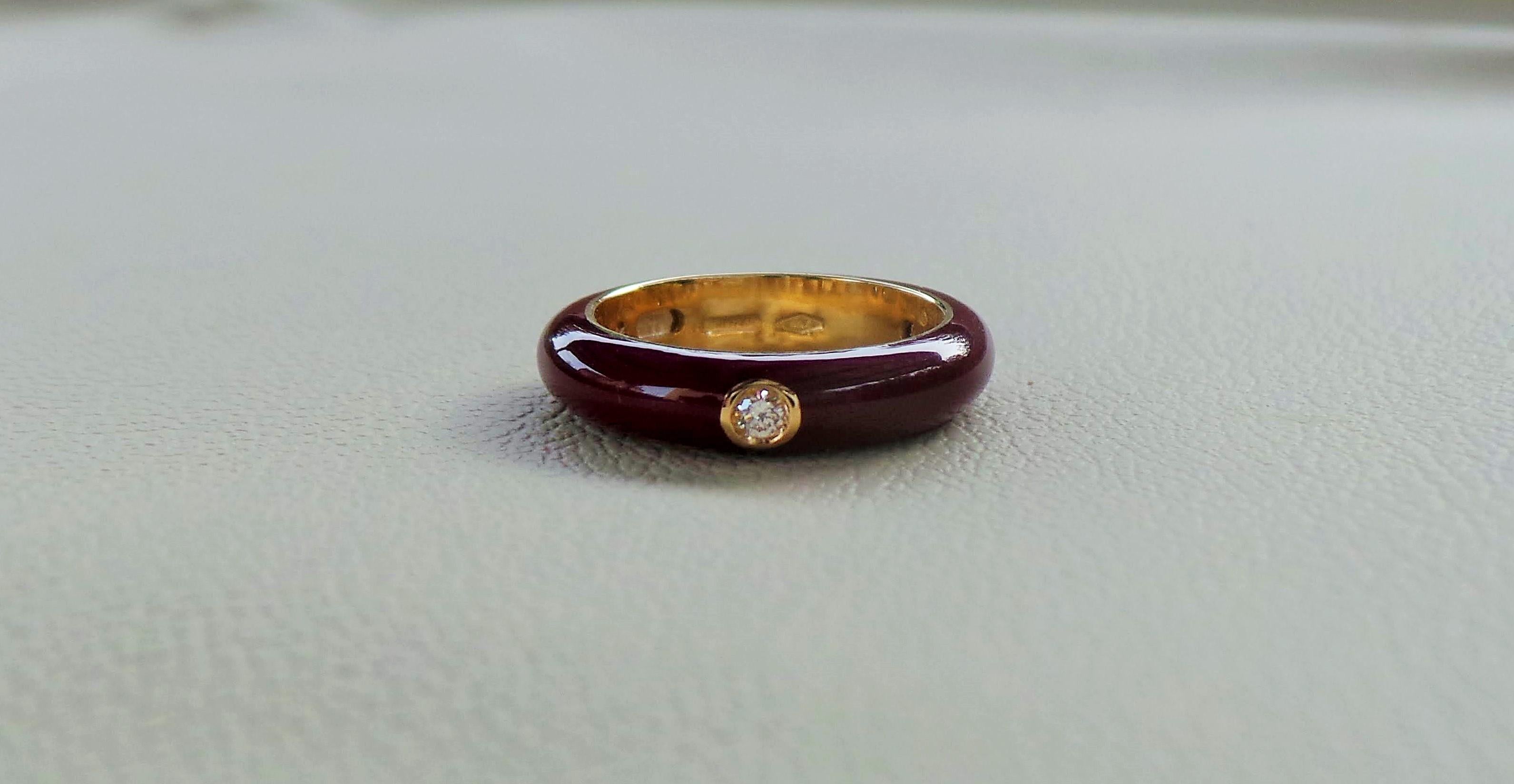 Contemporary Colored Enamelled Stackable Burgundy Yellow Gold Diamonds 0.12k Cockatail Ring For Sale