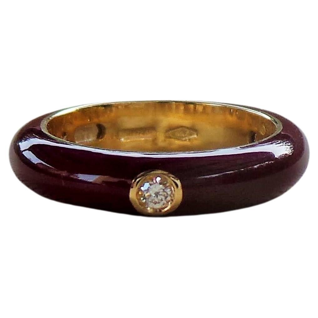 Colored Enamelled Stackable Burgundy Yellow Gold Diamonds 0.12k Cockatail Ring