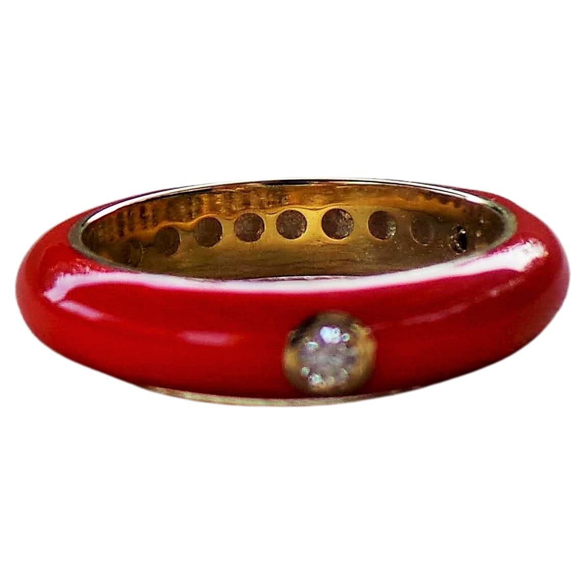 Colored Enamelled Stackable Red Yellow Gold Diamonds 0.12k Cocktail Ring