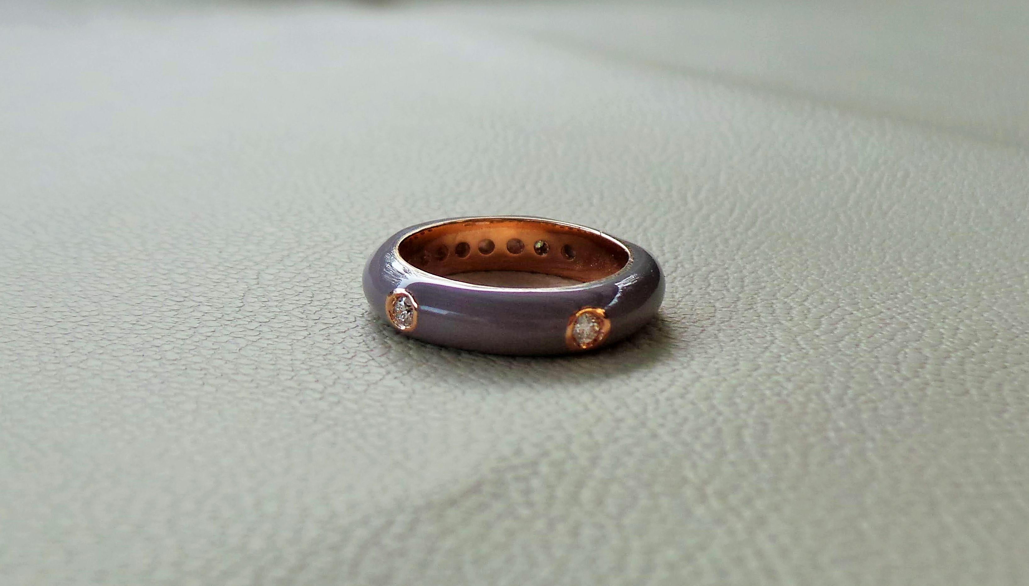 Contemporary Colored Enamelled Stackable Taupe Rose Gold Diamonds 0.20k Cocktail Ring For Sale