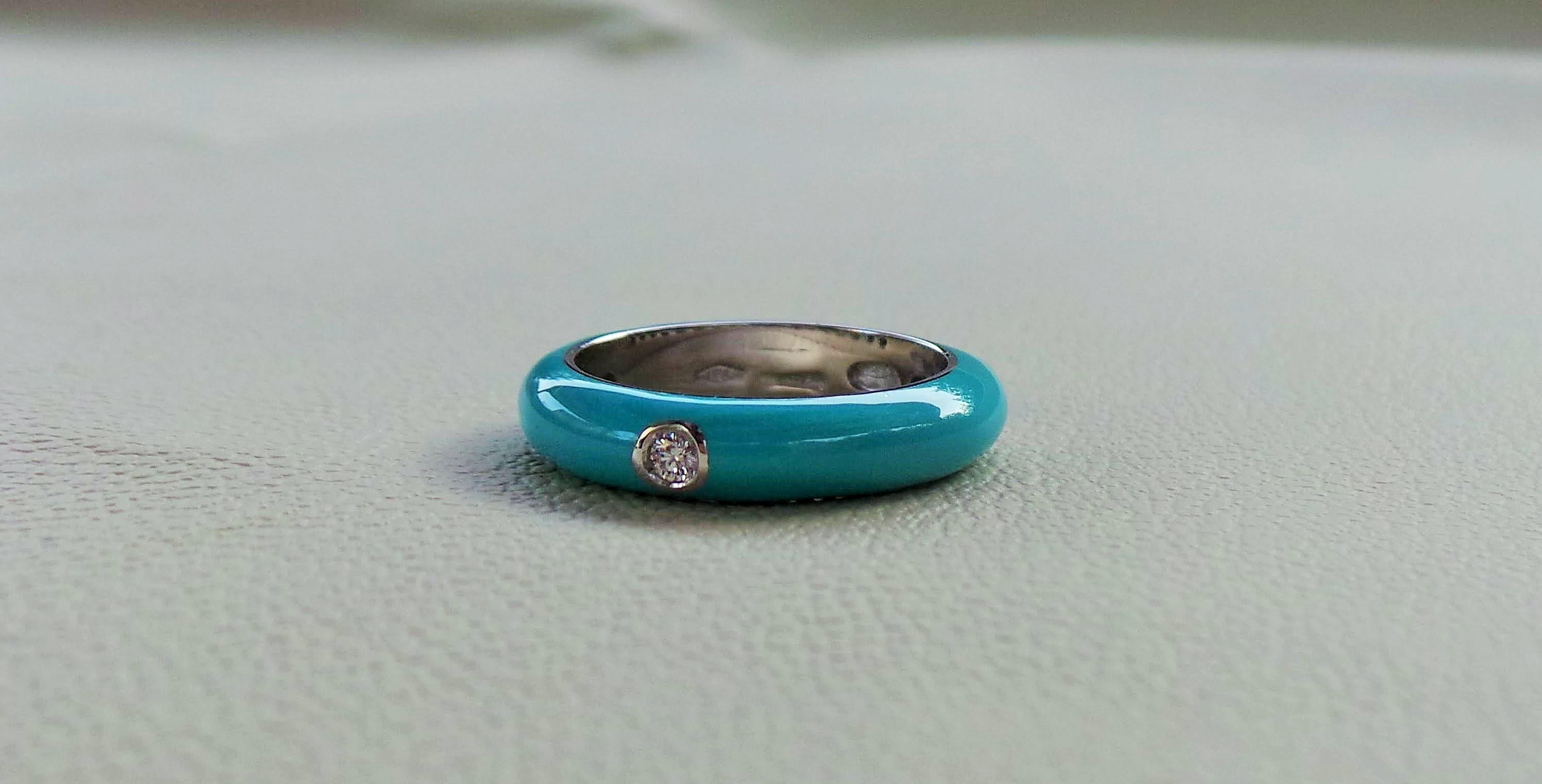 Brilliant Cut Colored Enamelled Stackable Turquoise White Gold Diamonds 0.12k Cockatail Ring For Sale