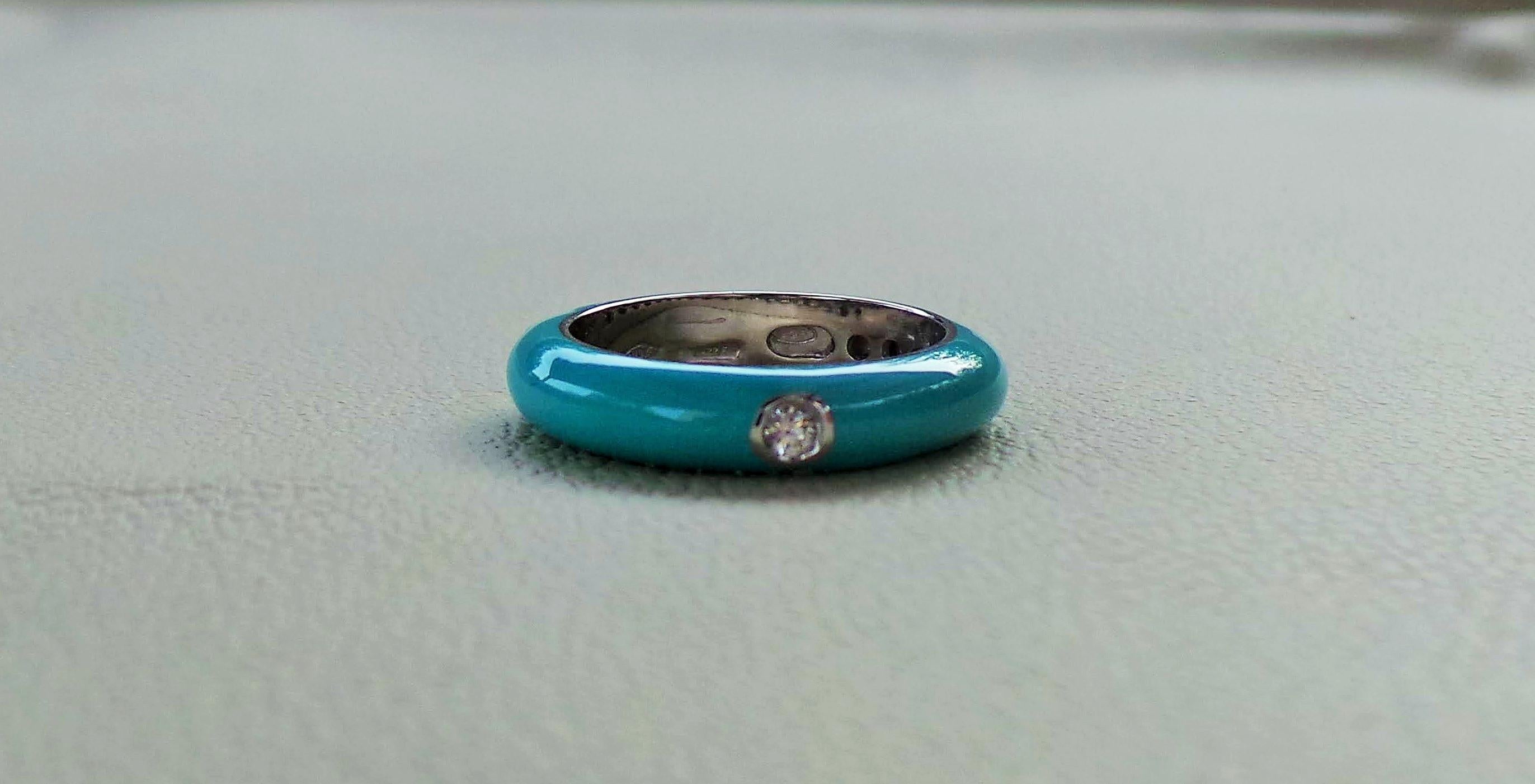 Colored Enamelled Stackable Turquoise White Gold Diamonds 0.12k Cockatail Ring In New Condition For Sale In Firenze, FI