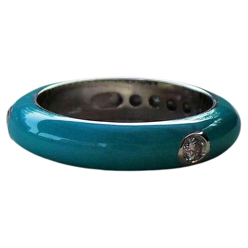 Colored Enamelled Stackable Turquoise White Gold Diamonds 0.12k Cockatail Ring For Sale