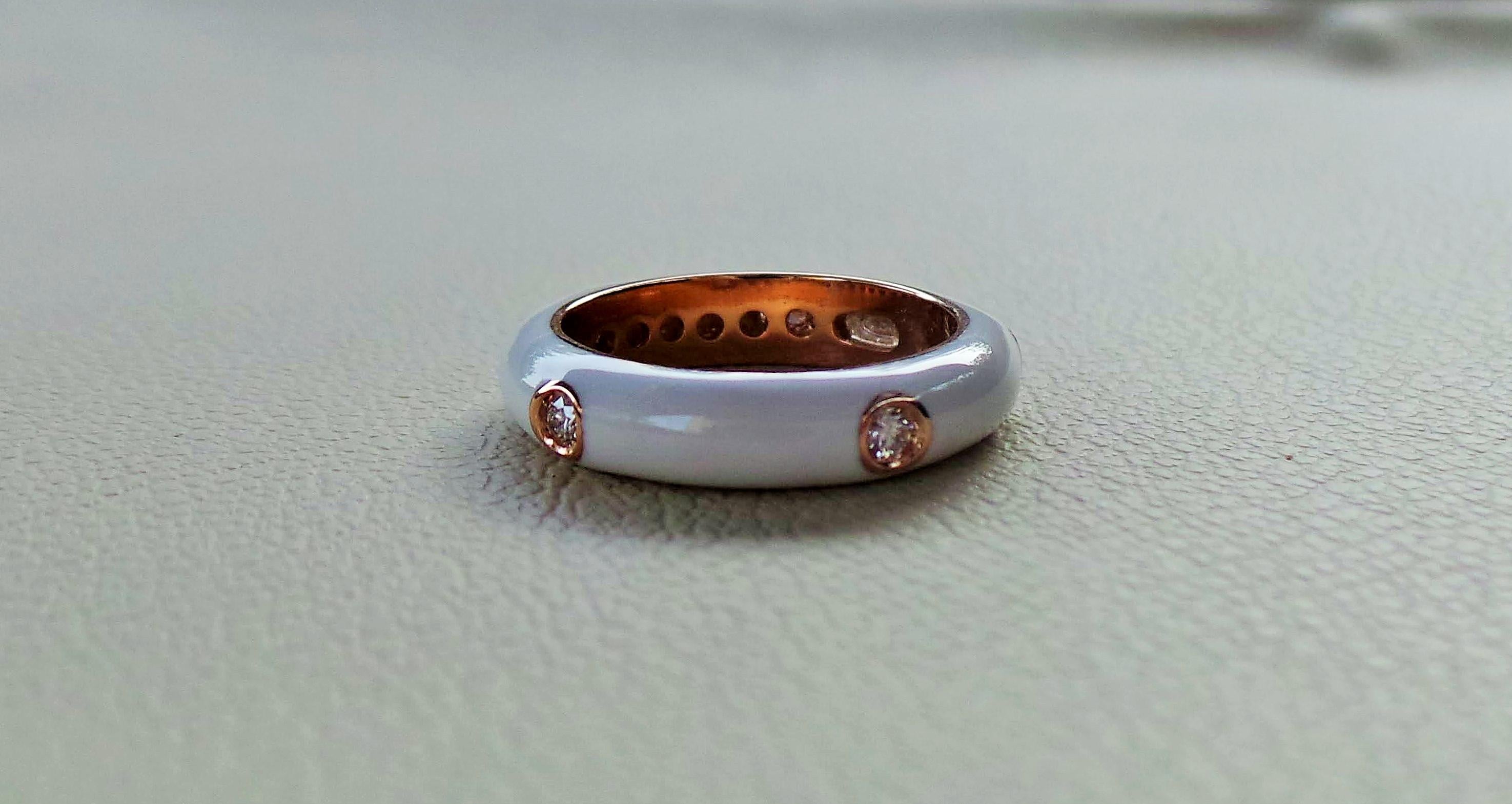 Contemporary Colored Enamelled Stackable White Rose Gold Diamonds 0.20k Cocktail Ring For Sale