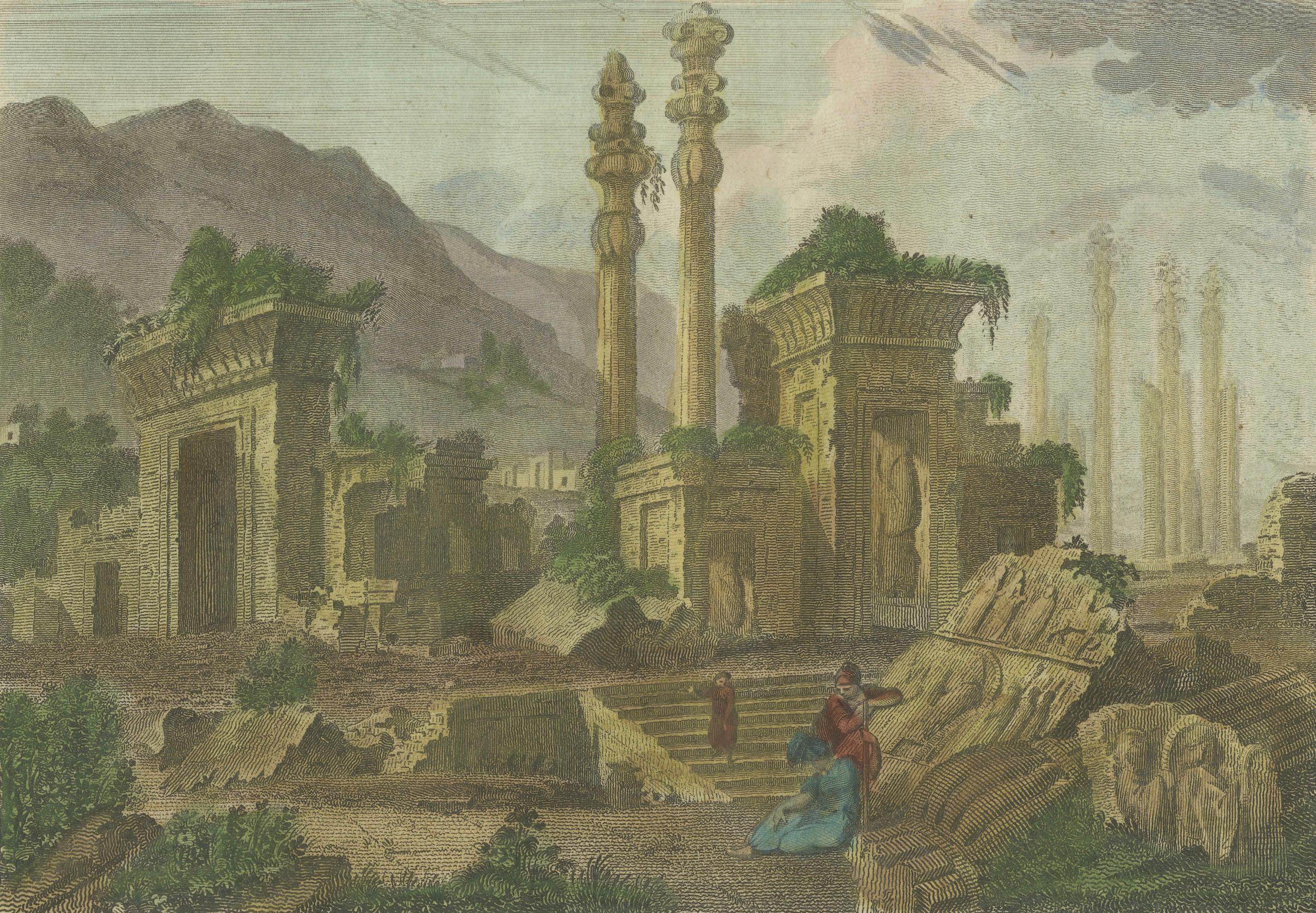 Colored Engraving of the Ancient Ruins of Persepolis in Persia (Iran), 1782  In Good Condition For Sale In Langweer, NL