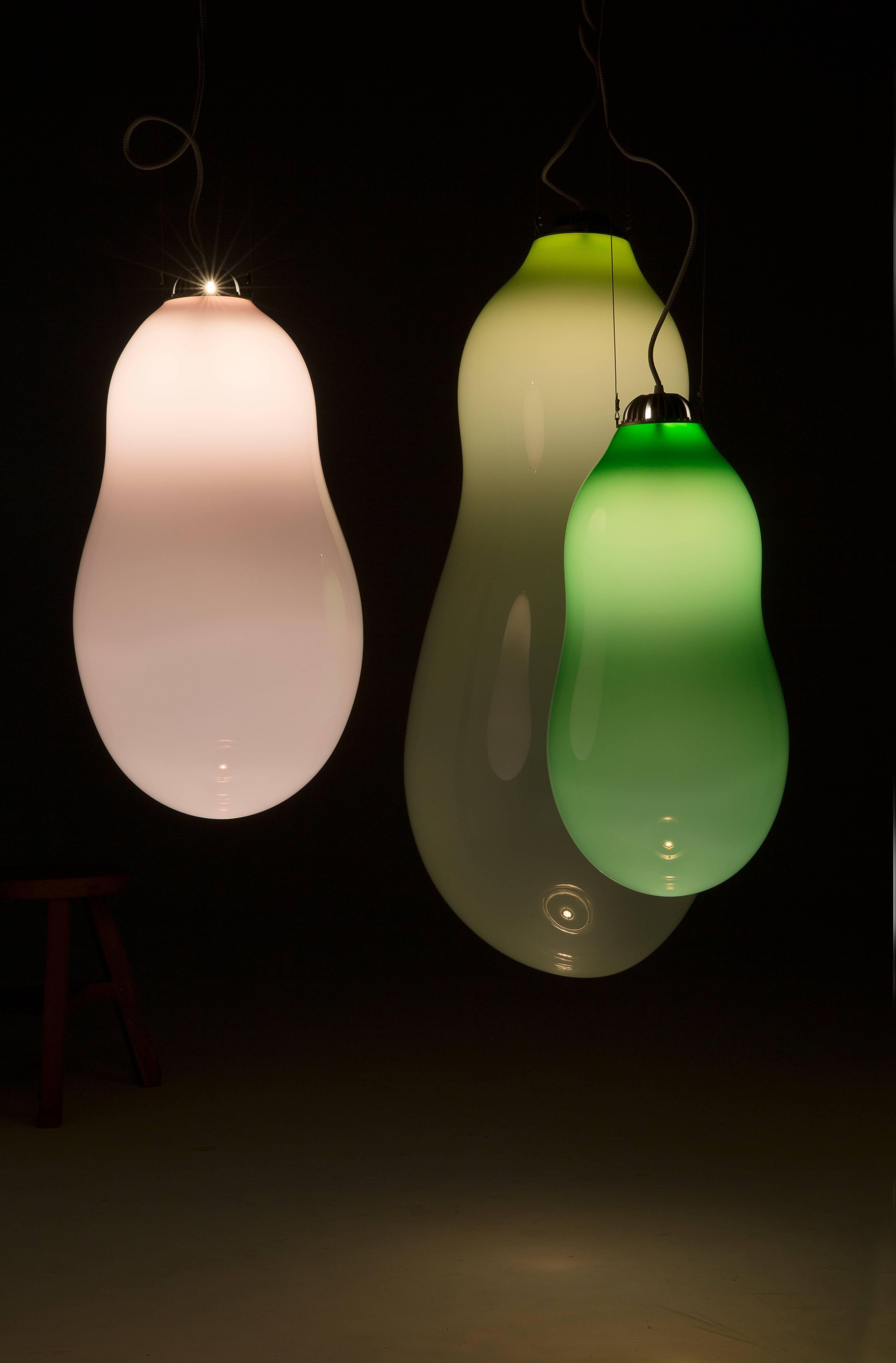 Colored extra large big bubble pendants by Alex de Witte
Dimensions: D 41 x H 110 cm
Materials: Mouth Blown Glass.

Exact precise dimensions are not guaranteed, width is always different but generally can only reach 25-40% of the height. Please