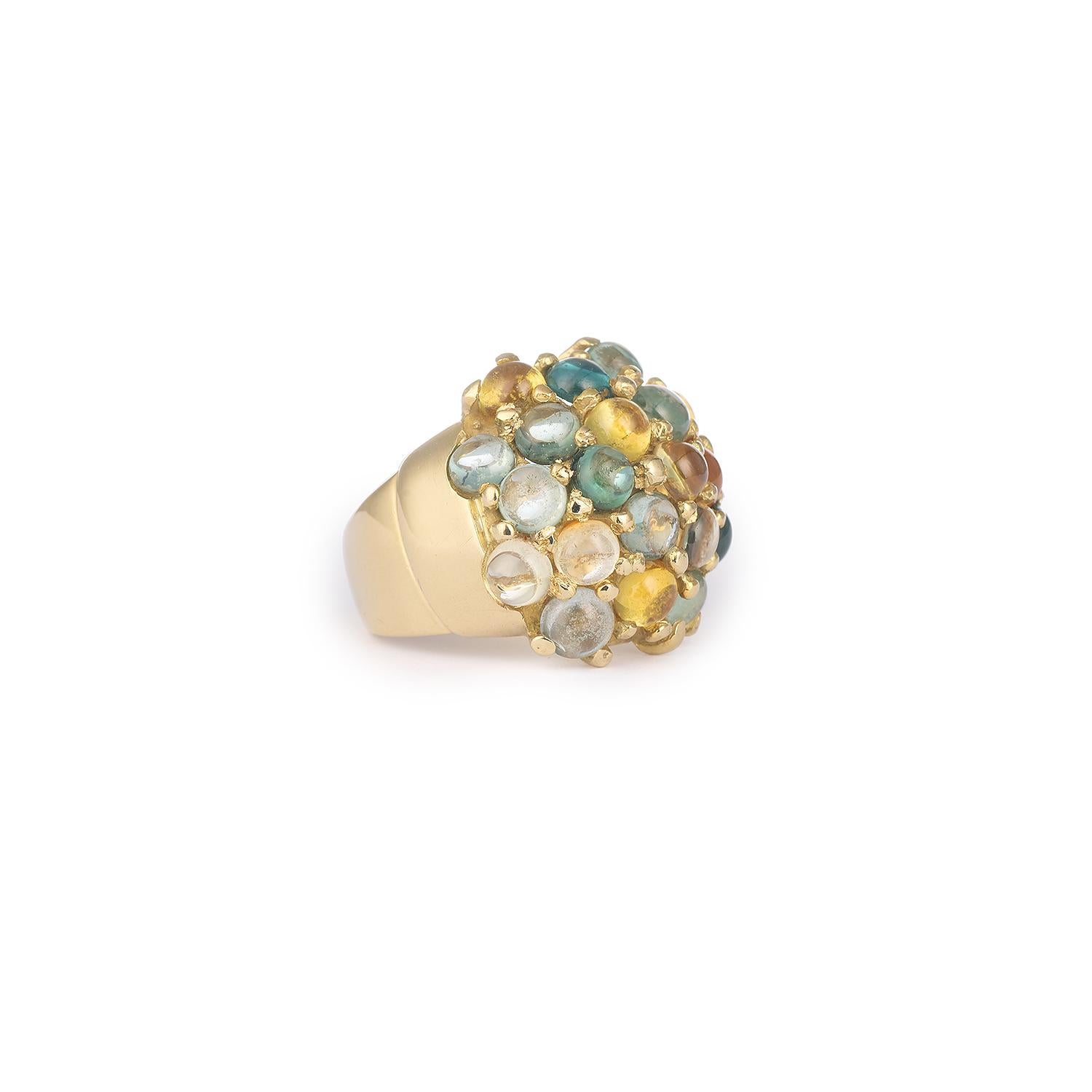 Ring set with 20 colored cabochon gem-stones (colored quartz, colored topaz ...)

18K yellow gold, 750 / 00th (Italian hallmark)

Size of the ring : 51 (FR) / 5.5 (US)

Diemensions of the ring : 2 x 1.8 x 0.8 cm (0.78 x 0.70 x 0.31 inch)

Weight of