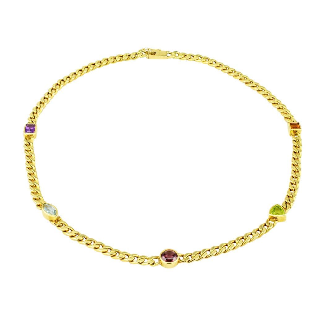 Contemporary Colored Gemstone Gold Link Necklace