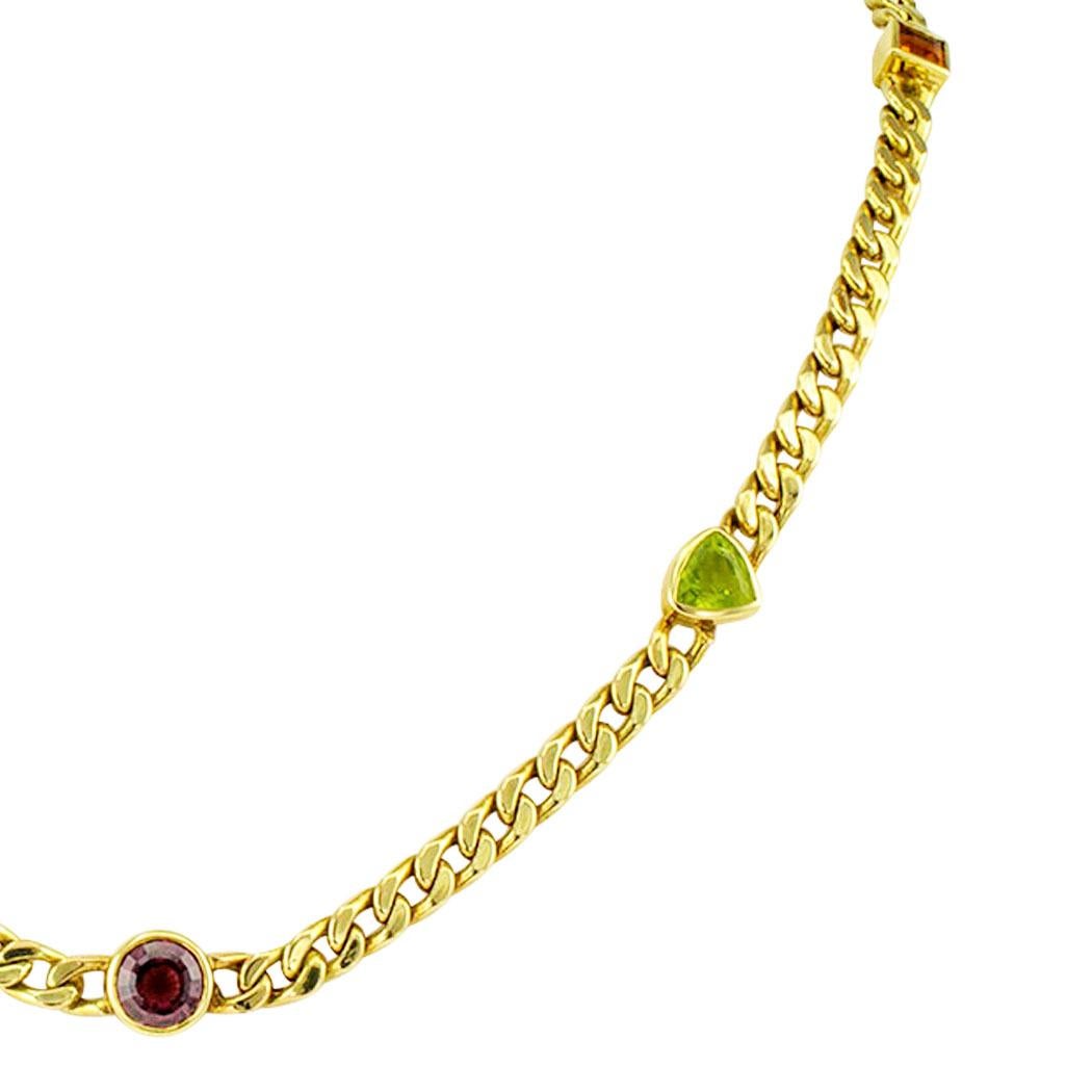 Colored Gemstone Gold Link Necklace In Excellent Condition In Los Angeles, CA