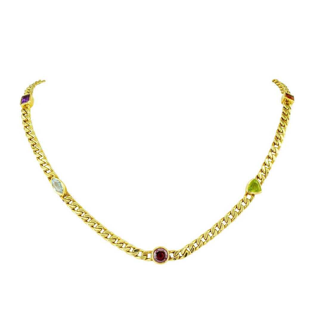 Colored Gemstone Gold Link Necklace