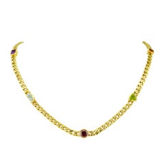 Colored Gemstone Gold Link Necklace