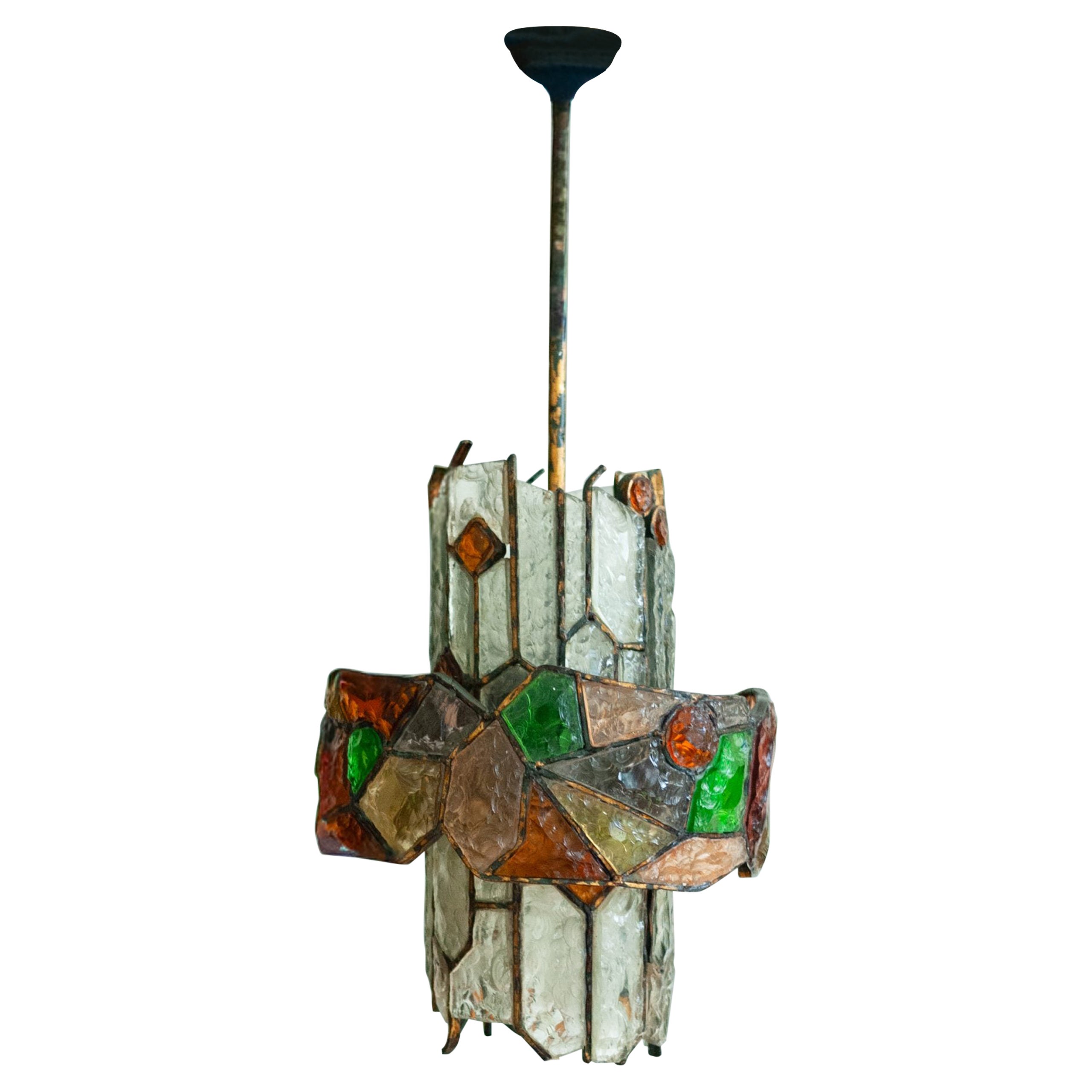 Colored Glass and Brass Chandelier For Sale