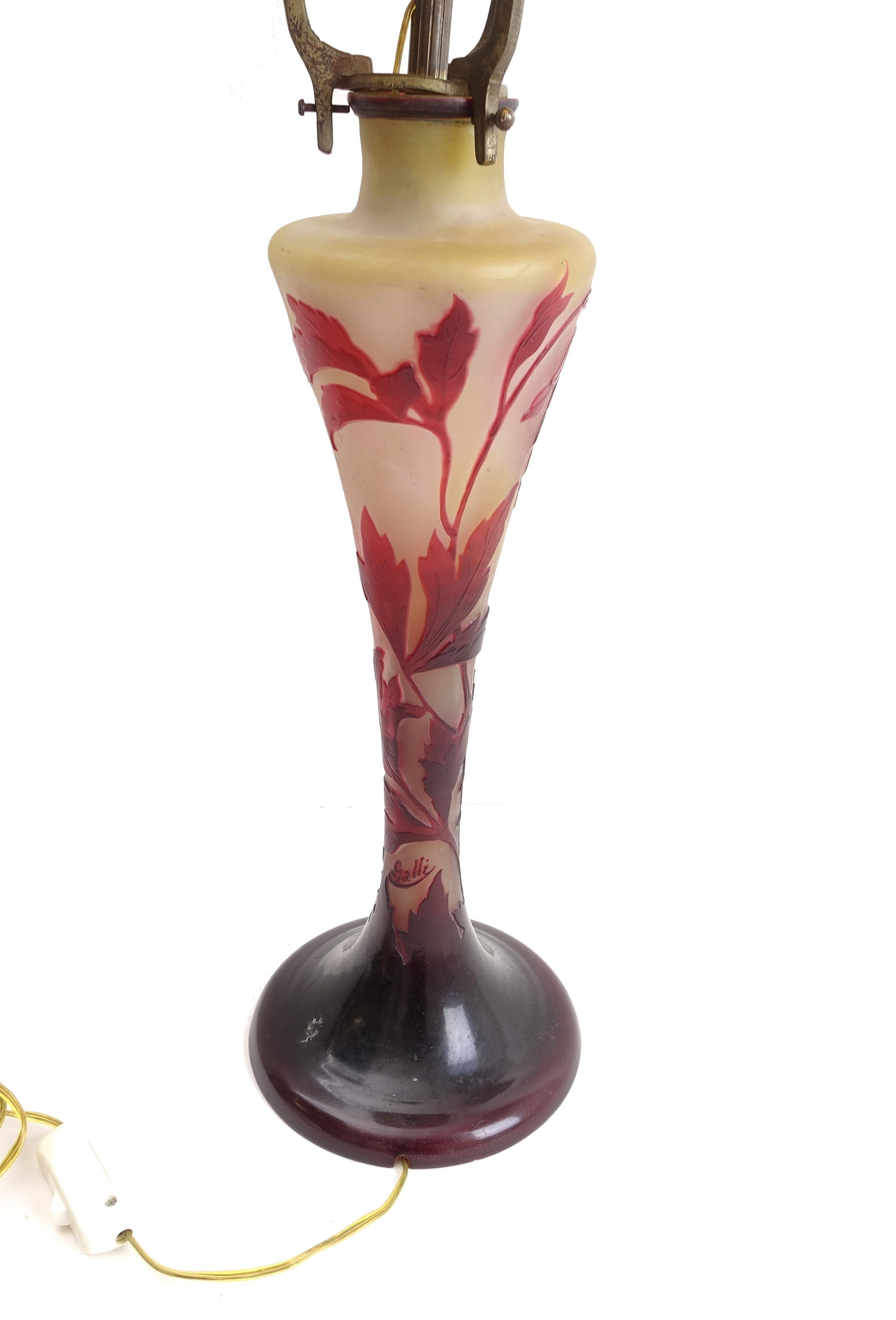 French Colored Glass Lamp Signed Emilé Gallé Liberty Art Nouveau, Original 1900s